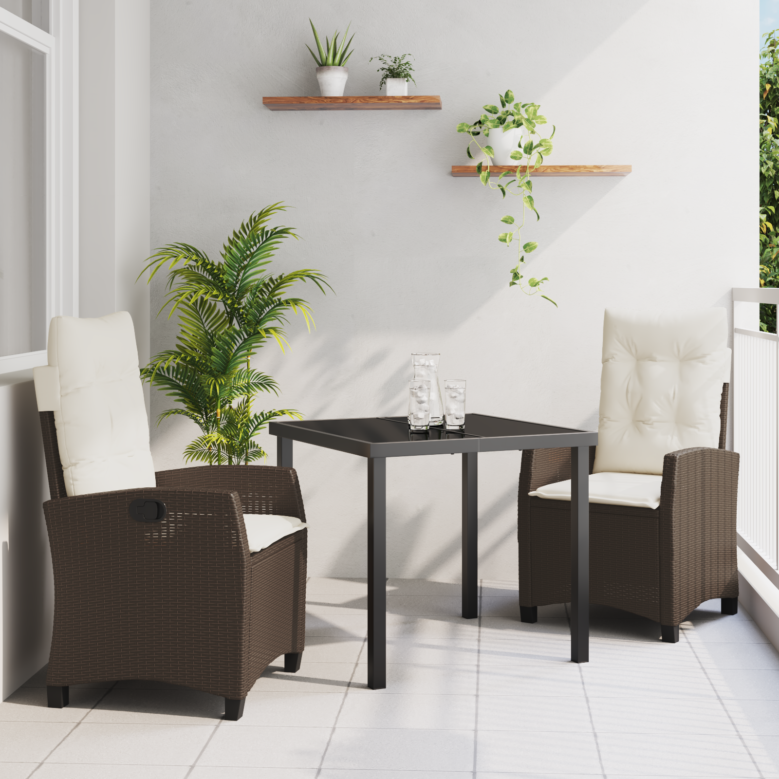Conjunto de Jantar de Jardim de 3 Peças com Almofadas Castanho Rattan Poliéster Conjunto de Jantar de Jardim de 3 Peças com Almofadas Castanho Rattan Poliéster