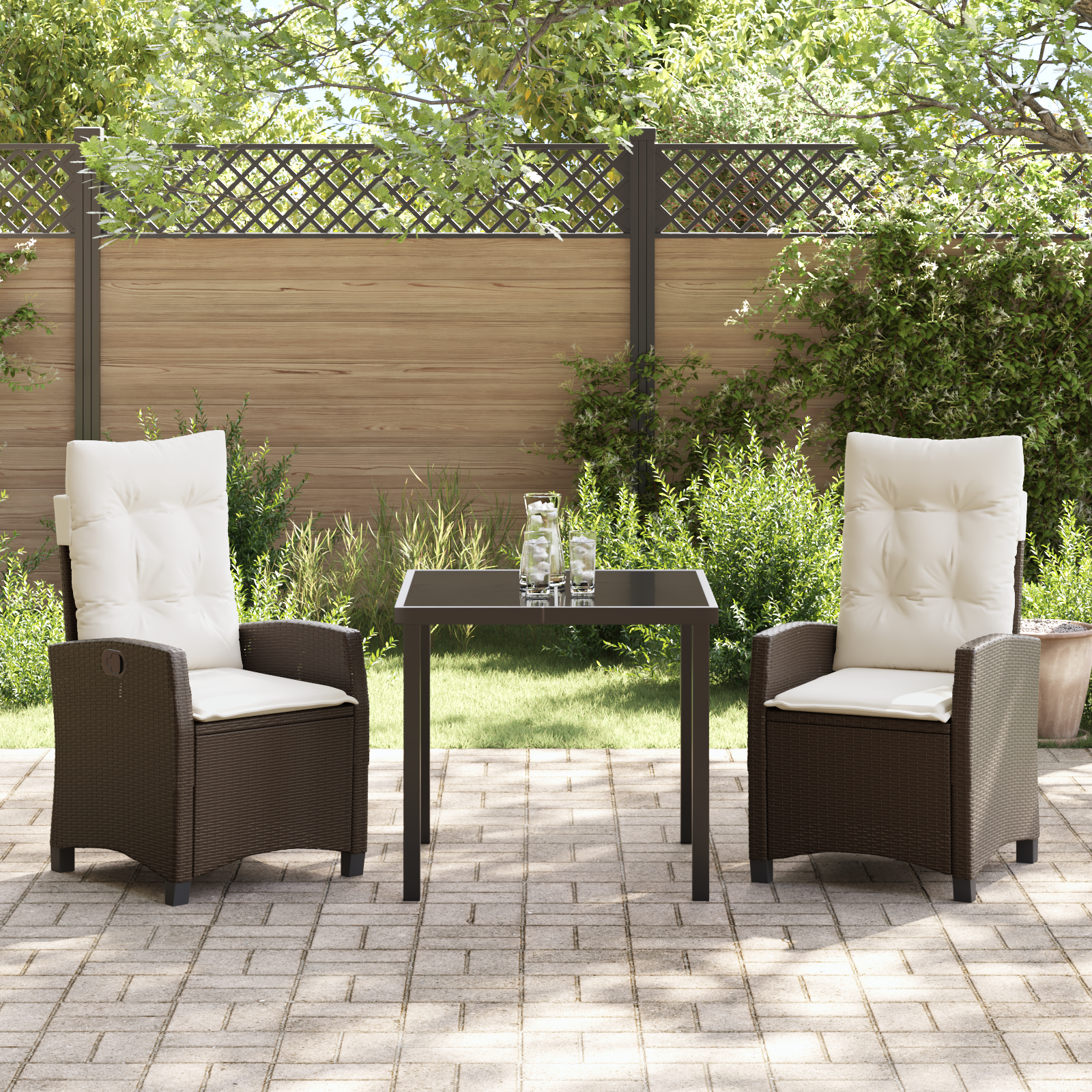 Conjunto de Jantar de Jardim de 3 Peças com Almofadas Castanho Rattan Poliéster