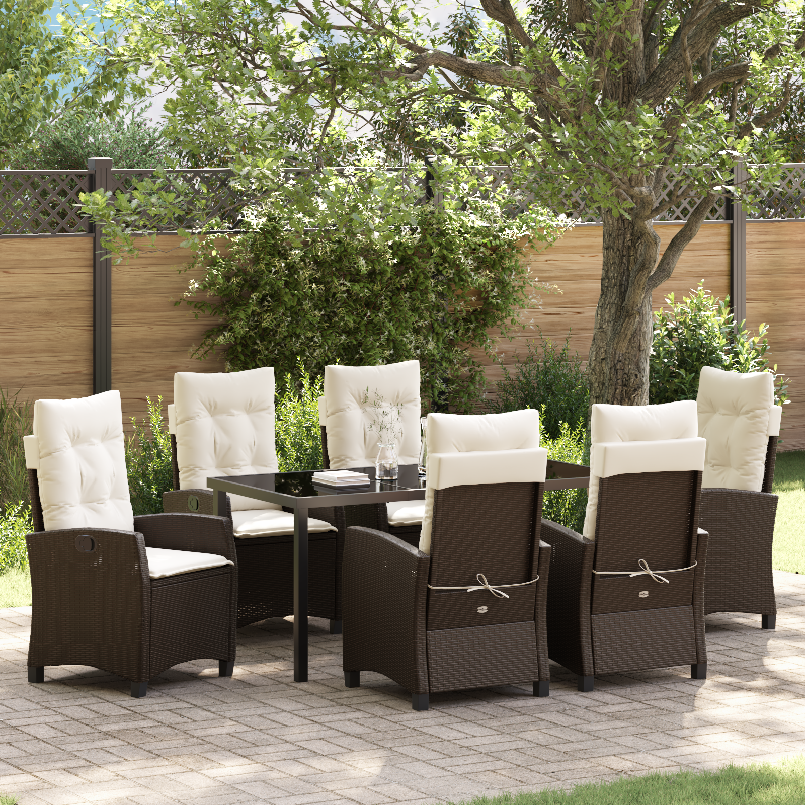 Conjunto de Jantar de Jardim 7 Peças com Almofadas Castanho Vime Poliéster Conjunto de Jantar de Jardim 7 Peças com Almofadas Castanho Vime Poliéster