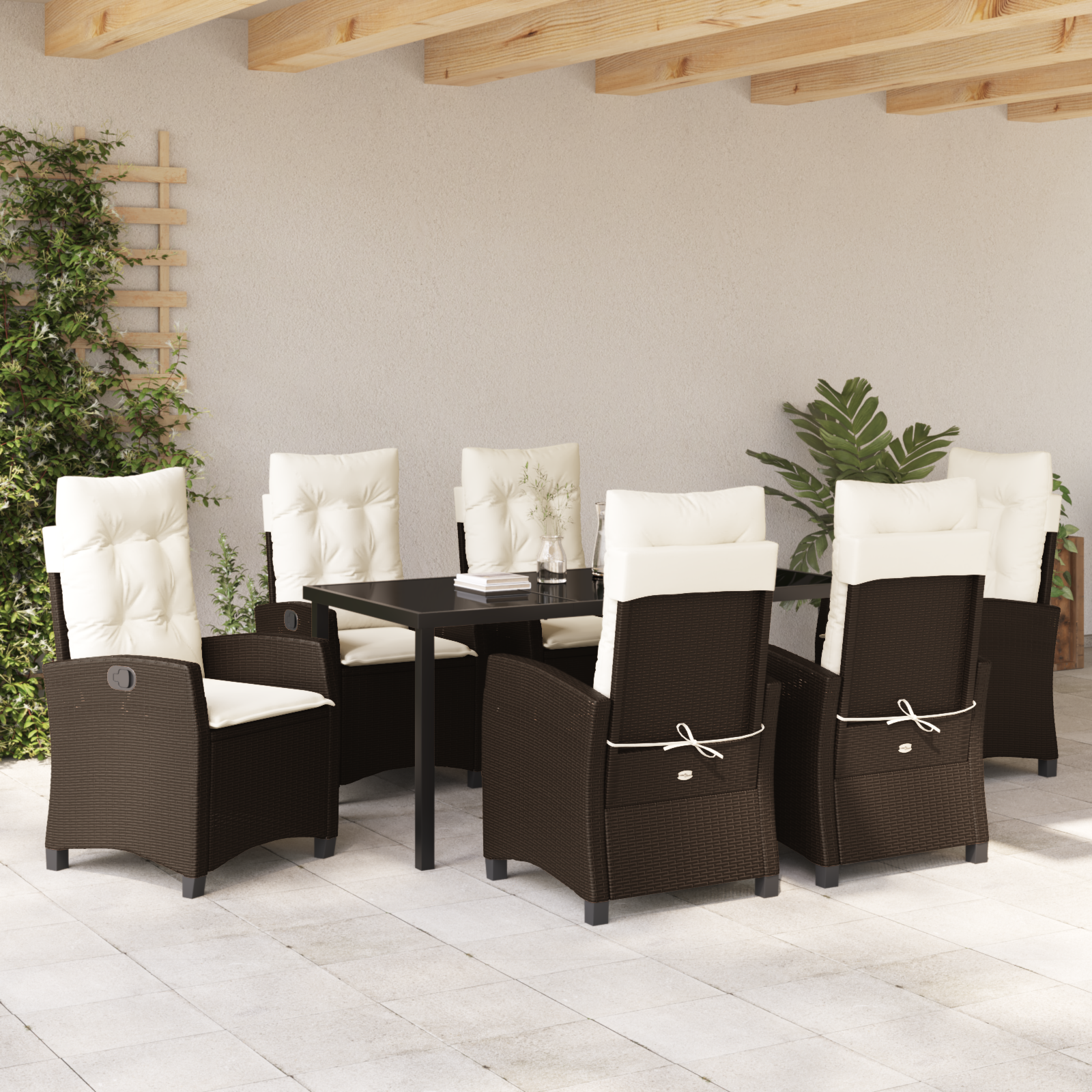 Conjunto de Jantar de Jardim 7 Peças com Almofadas Castanho Vime Poliéster