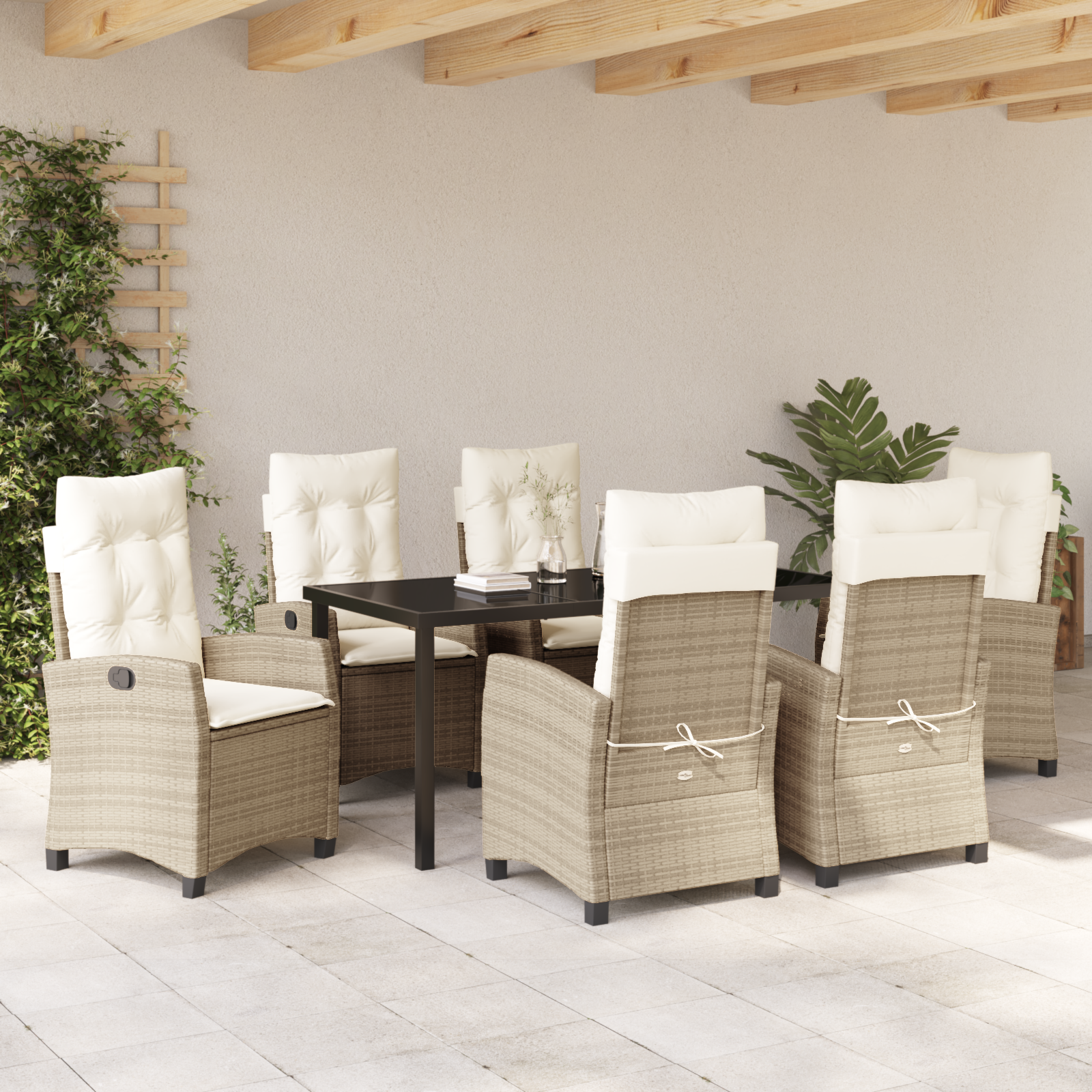 Conjunto de Jantar de Jardim de 7 Peças com Almofadas Bege Vime Poliéster