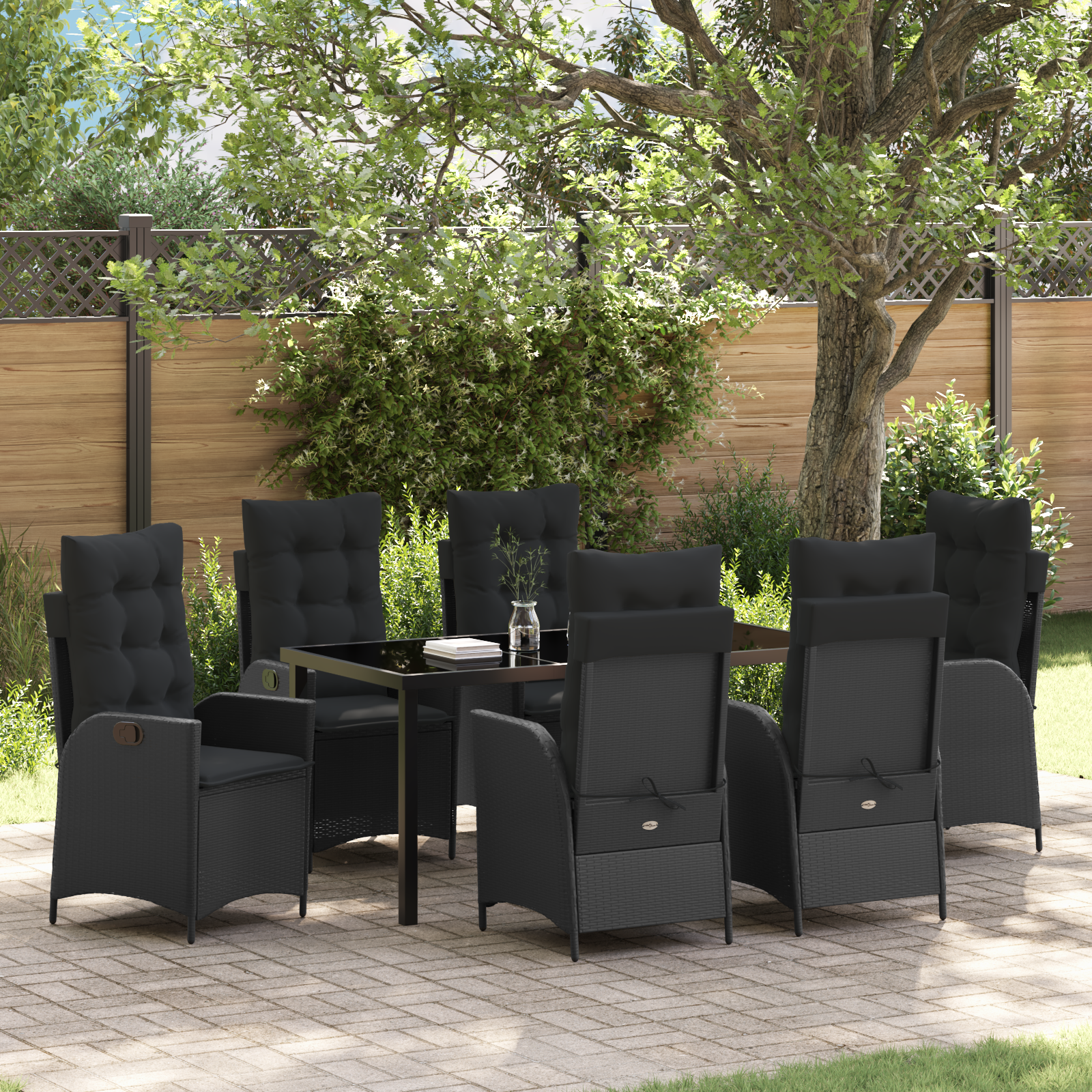 Thumbnail - vidaXL 7-teiliges Garten-Esszimmer-Set mit Kissen in Schwarz aus Poly Rattan