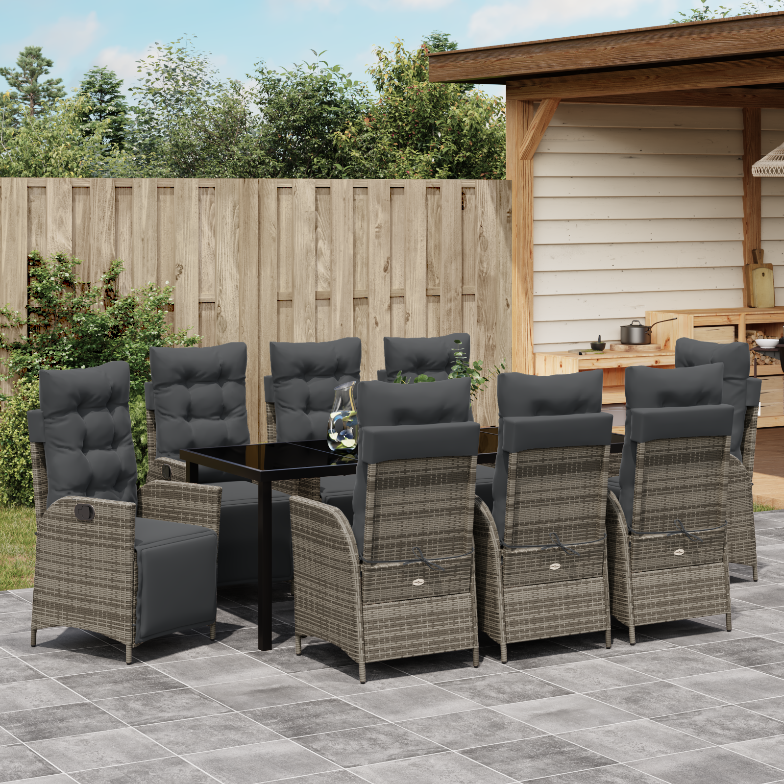 Комплект от 9 парчета градинска обядна маса сиво полиестерен ратан - Image 4