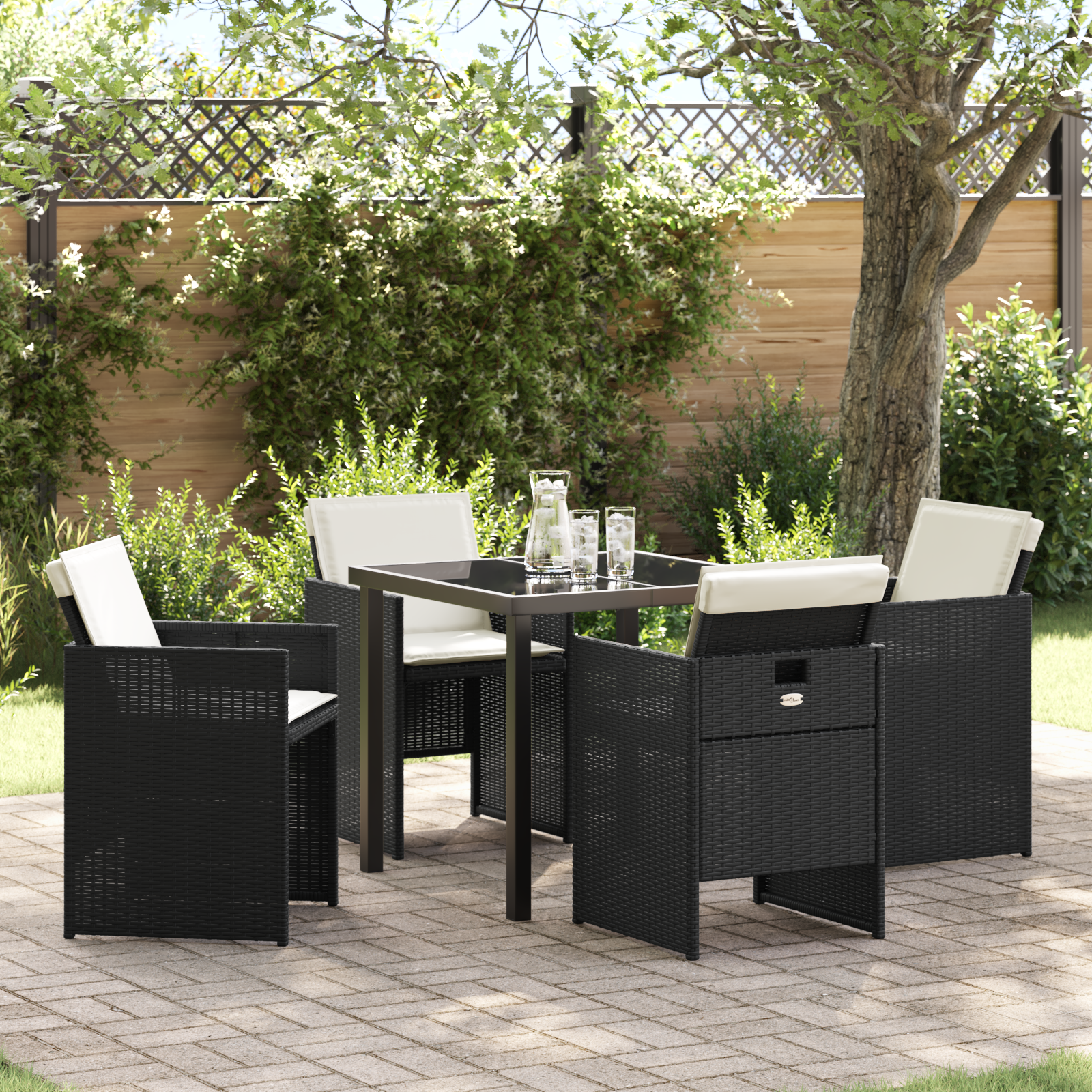 5 Piece Garden Dining Set with Cushions Black Poly Rattan