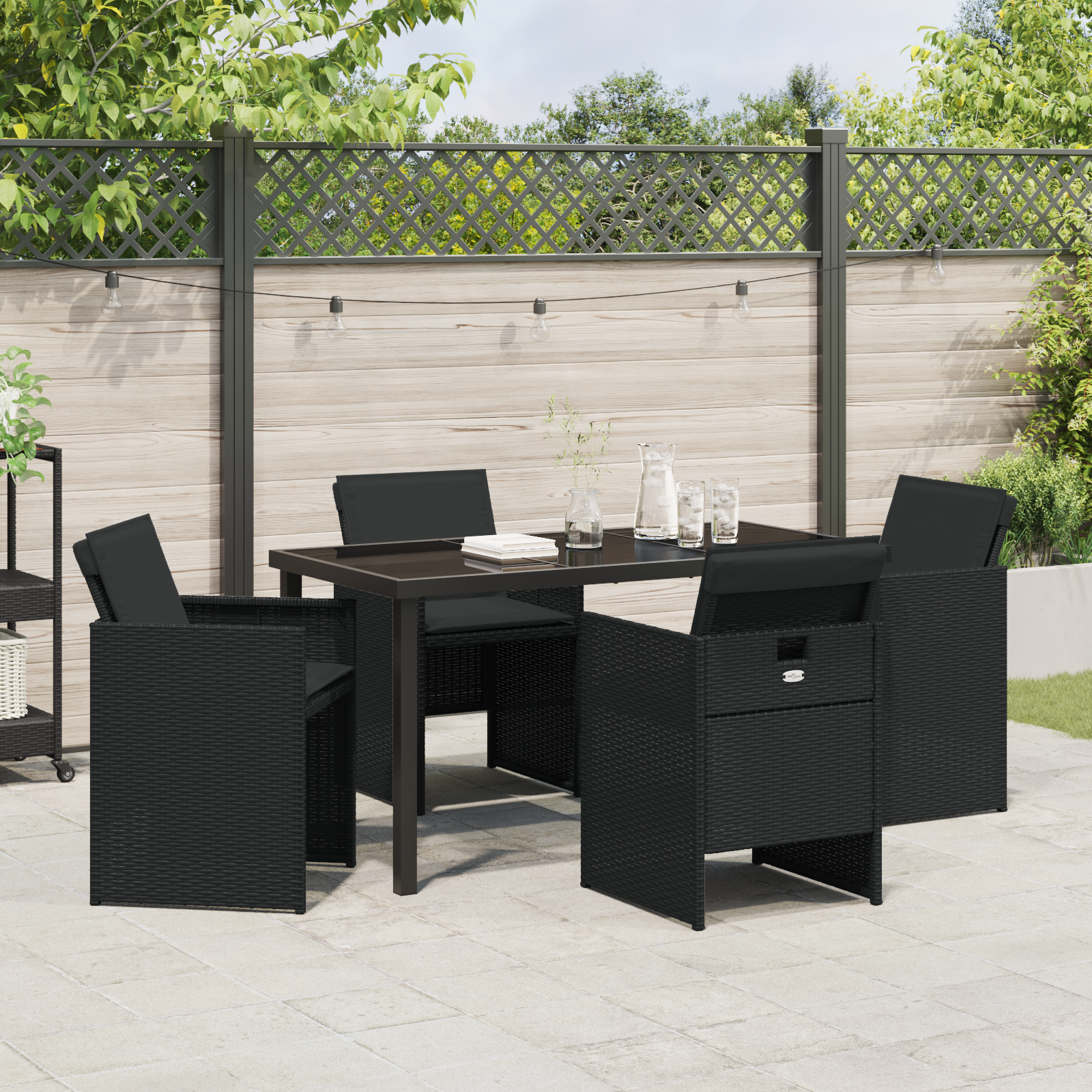 5 Piece Garden Dining Set with Cushions Black Poly Rattan - Image 4
