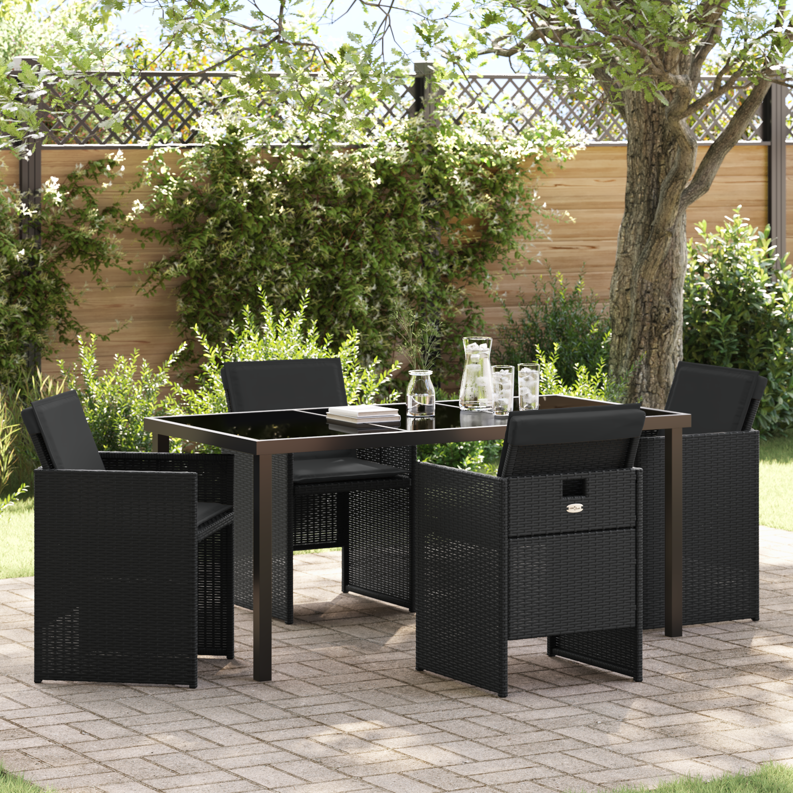 5 Piece Garden Dining Set with Cushions Black Poly Rattan