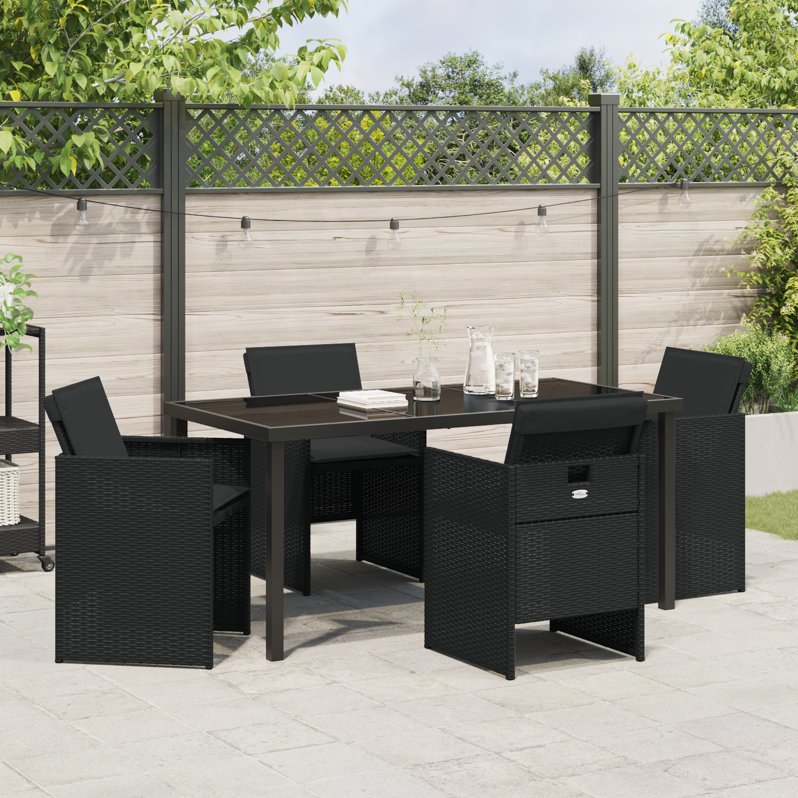 5 Piece Garden Dining Set with Cushions Black Poly Rattan - Image 4