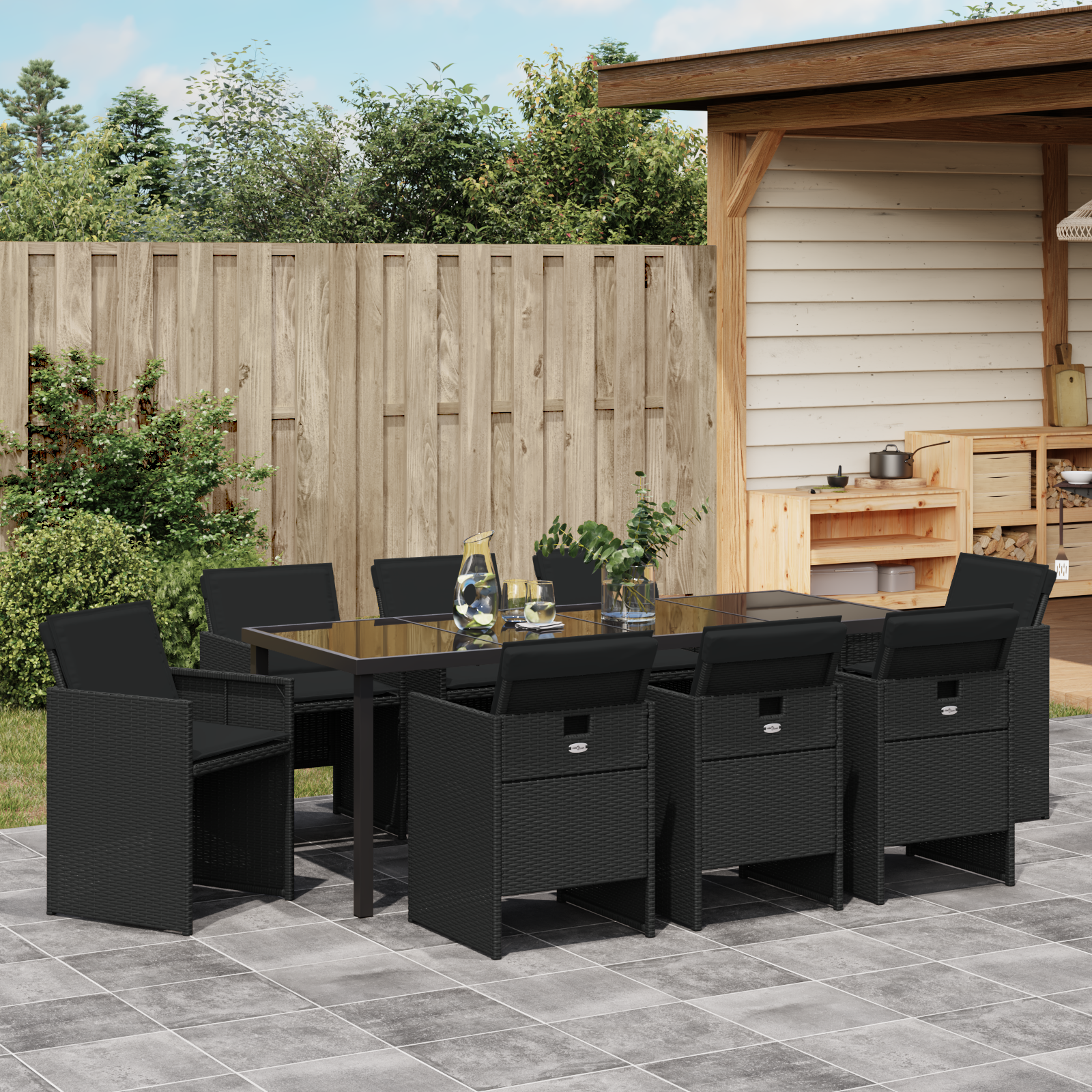 9 dalių sodo valgomojo komplektas su pagalvėlėmis juodas poli ratanas - Image 4