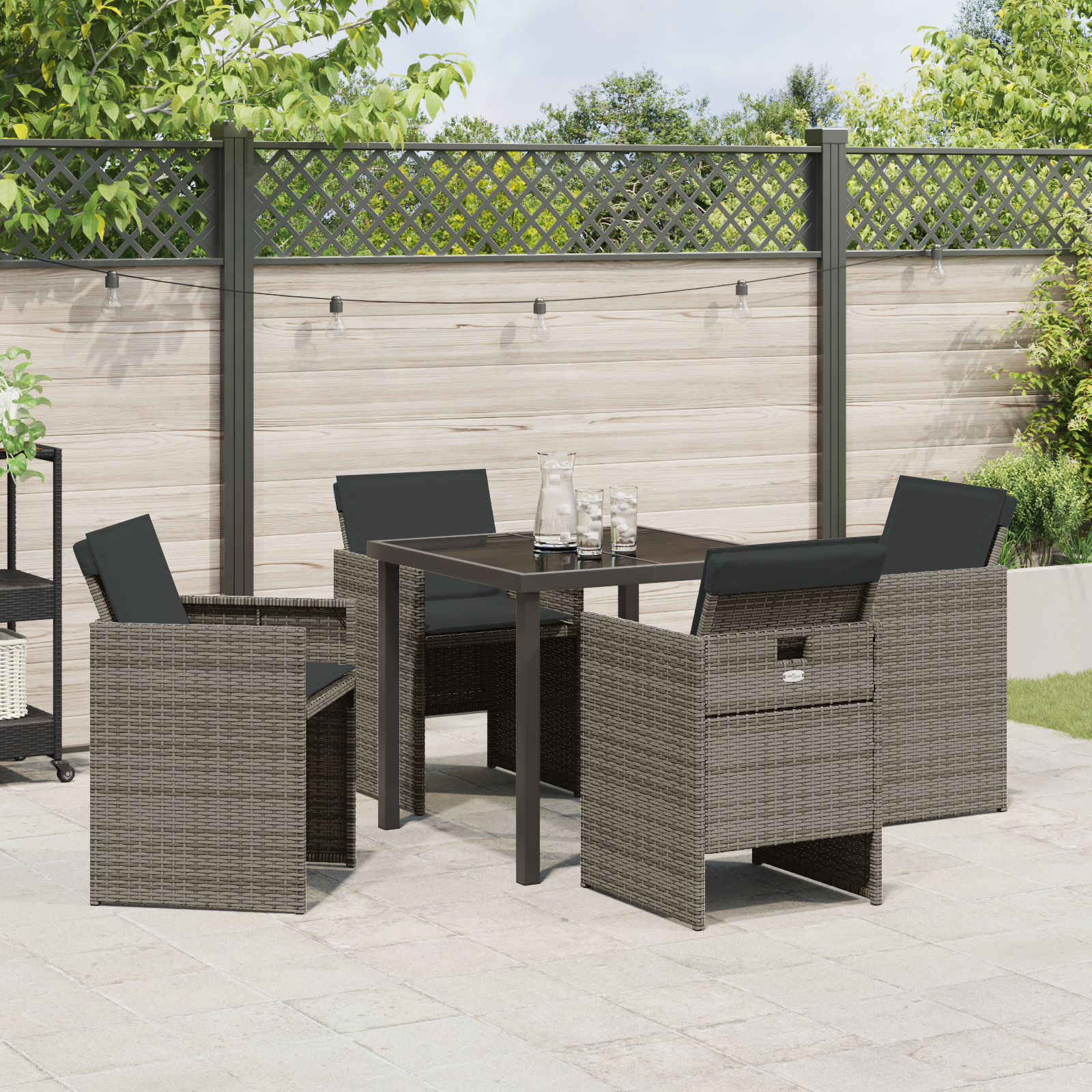 5 Piece Garden Dining Set with Cushions Grey Poly Rattan - Image 4
