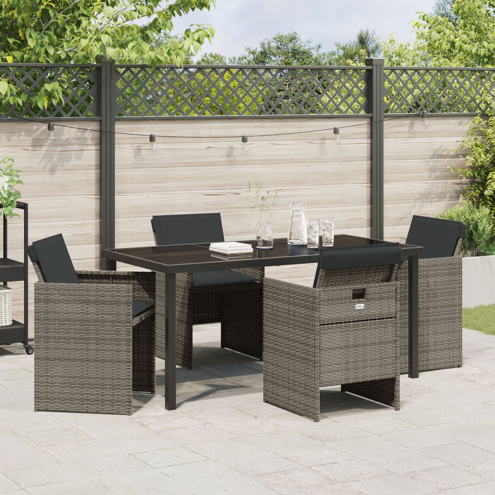5 Piece Garden Dining Set with Cushions Grey Poly Rattan - Image 4