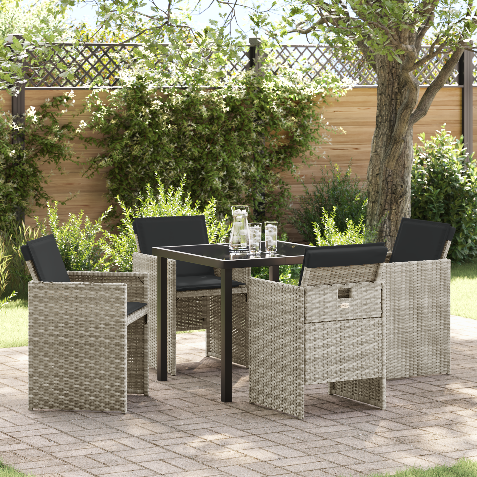 5 Piece Garden Dining Set with Cushions Light Grey Poly Rattan