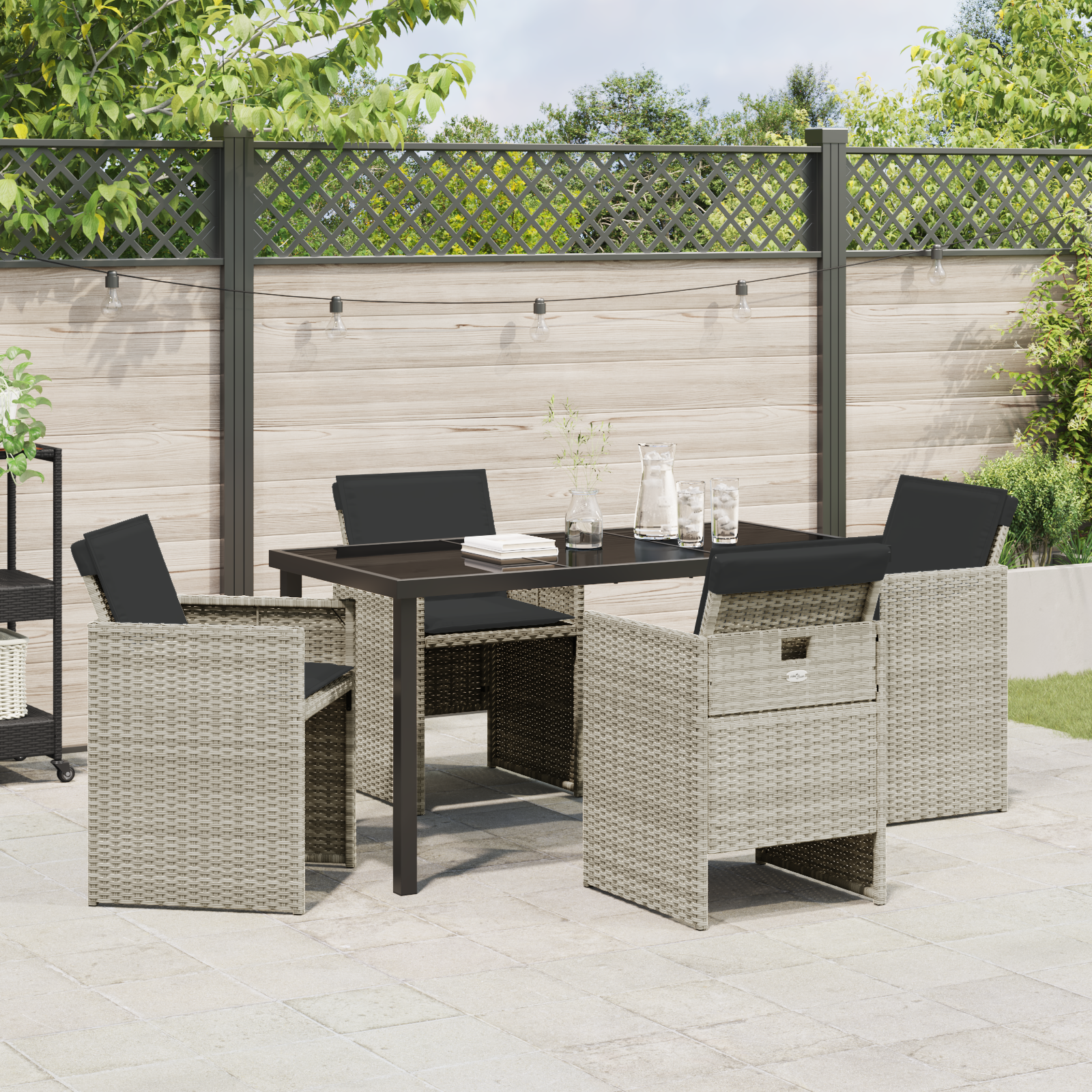5 Piece Garden Dining Set with Cushions Light Grey Poly Rattan - Image 4