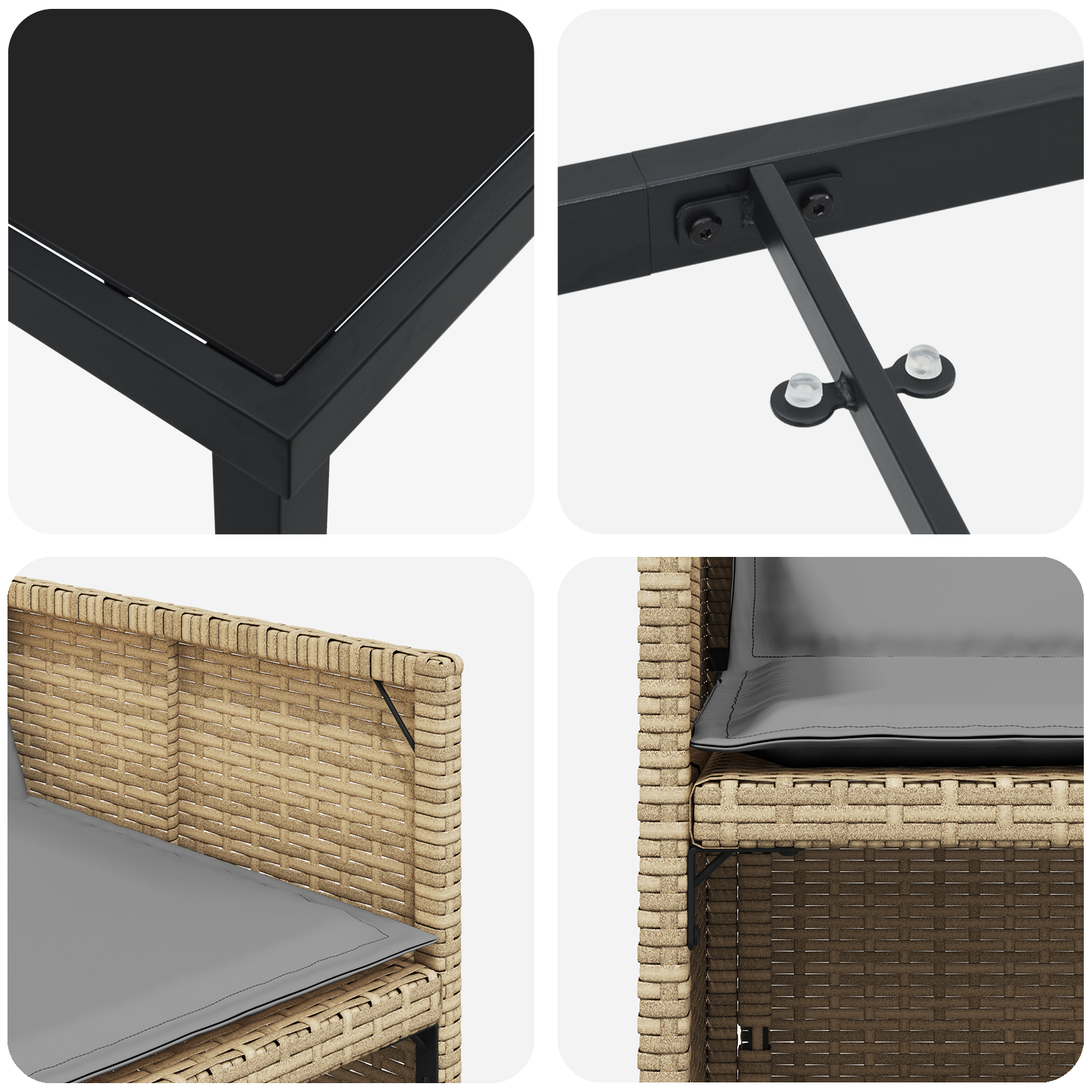 9-teilige Garten-Essgruppe mit Kissen in Beige aus Poly-Rattan, vidaXL Gartentisch in Schwarz 200x80x73 cm mit gehärtetem Glas - gartenmoebel-stuehle - Your Garden Eden