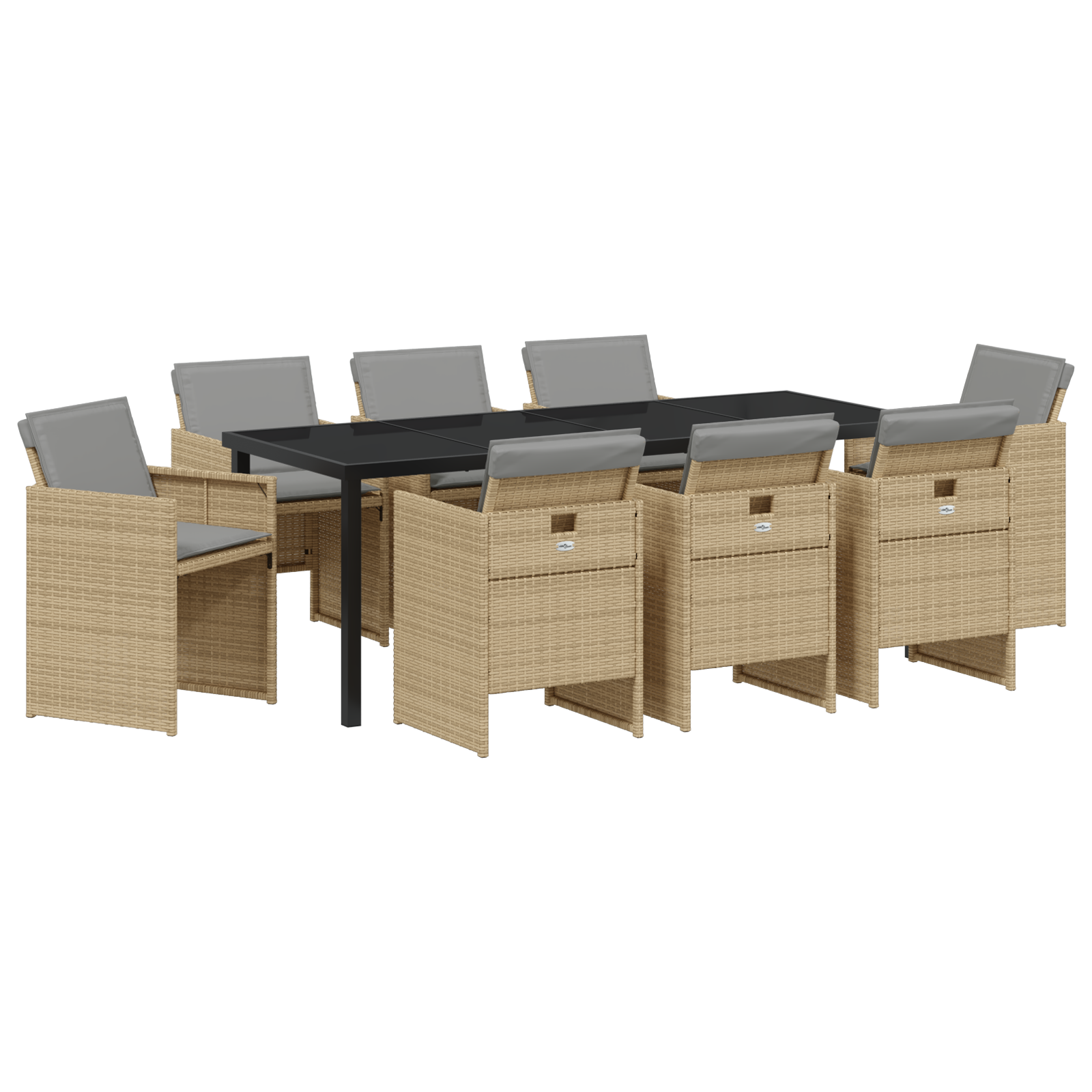 9-teilige Garten-Essgruppe mit Kissen in Beige aus Poly-Rattan, vidaXL Gartentisch in Schwarz 200x80x73 cm mit gehärtetem Glas - gartenmoebel-stuehle - Your Garden Eden