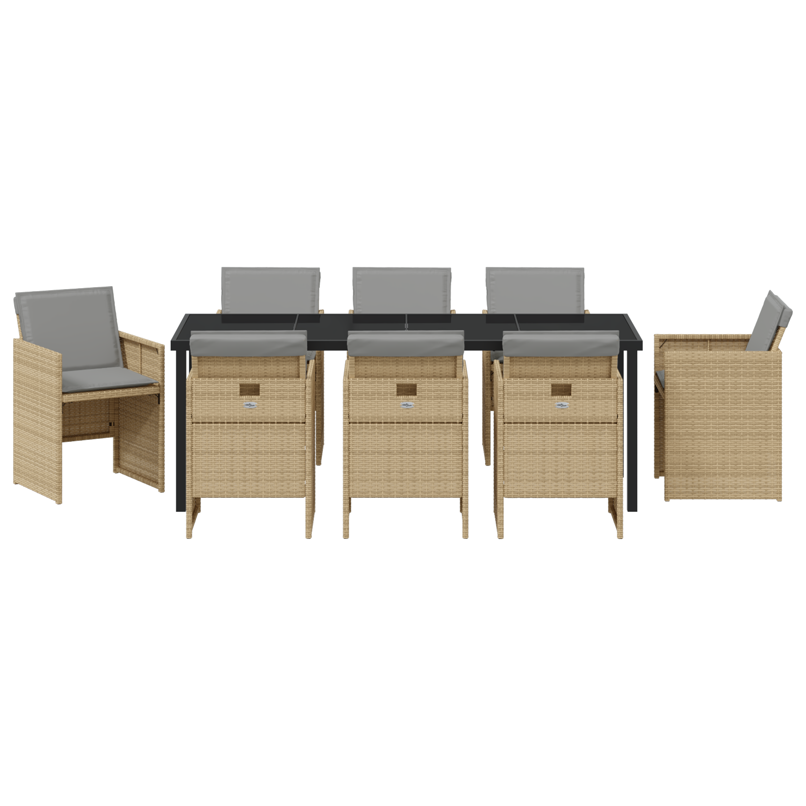 9-teilige Garten-Essgruppe mit Kissen in Beige aus Poly-Rattan, vidaXL Gartentisch in Schwarz 200x80x73 cm mit gehärtetem Glas - gartenmoebel-stuehle - Your Garden Eden