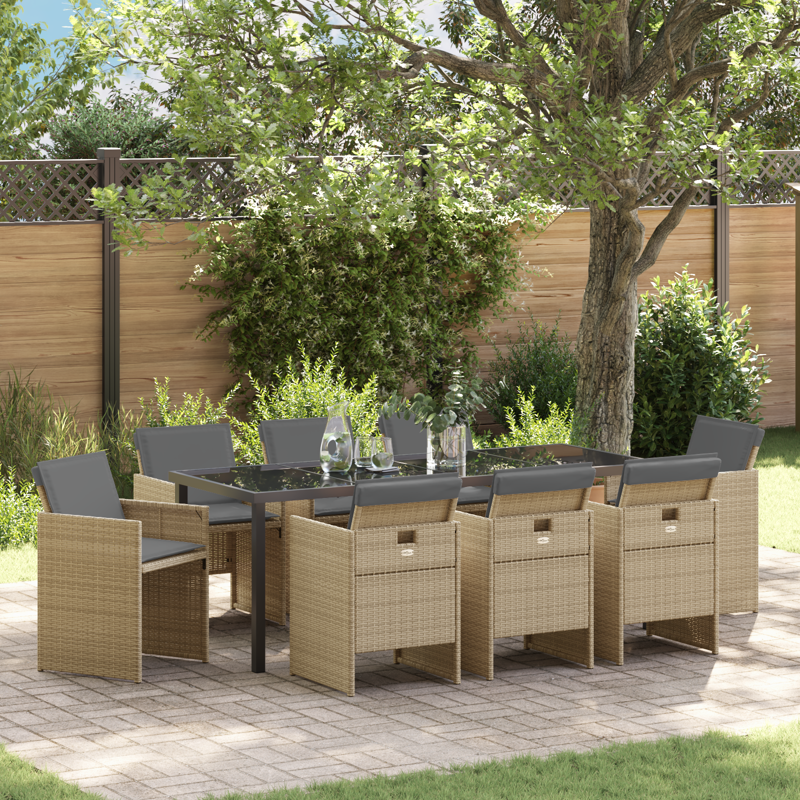 9-teilige Garten-Essgruppe mit Kissen in Beige aus Poly-Rattan, vidaXL Gartentisch in Schwarz 200x80x73 cm mit gehärtetem Glas - gartenmoebel-stuehle - Your Garden Eden