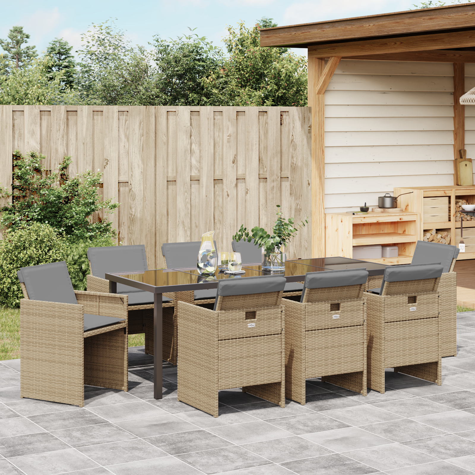 9-teilige Garten-Essgruppe mit Kissen in Beige aus Poly-Rattan, vidaXL Gartentisch in Schwarz 200x80x73 cm mit gehärtetem Glas - gartenmoebel-stuehle - Your Garden Eden