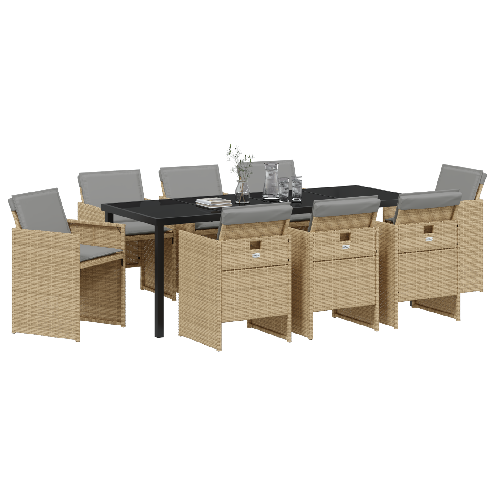 9-teilige Garten-Essgruppe mit Kissen in Beige aus Poly-Rattan, vidaXL Gartentisch in Schwarz 200x80x73 cm mit gehärtetem Glas - gartenmoebel-stuehle - Your Garden Eden