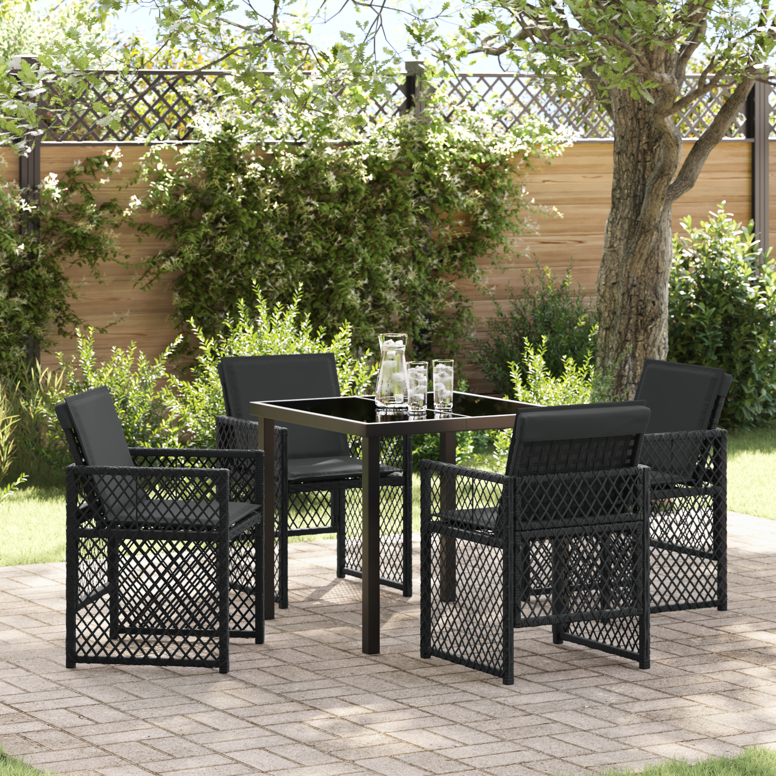 5 Piece Garden Dining Set with Cushions Black Poly Rattan