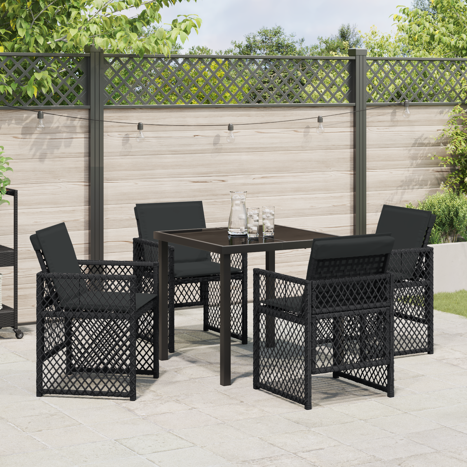5 Piece Garden Dining Set with Cushions Black Poly Rattan - Image 4