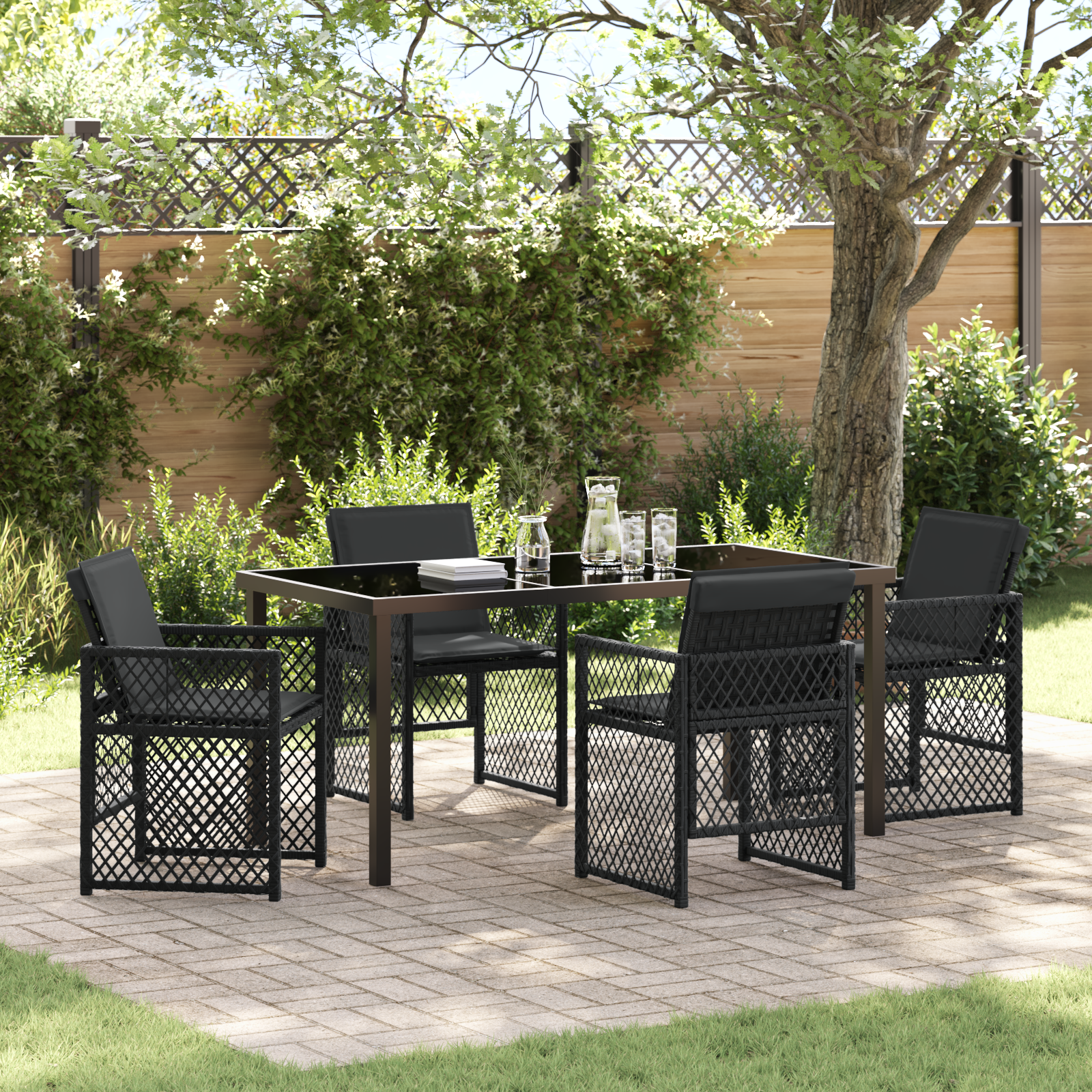5 Piece Garden Dining Set with Cushions Black Poly Rattan