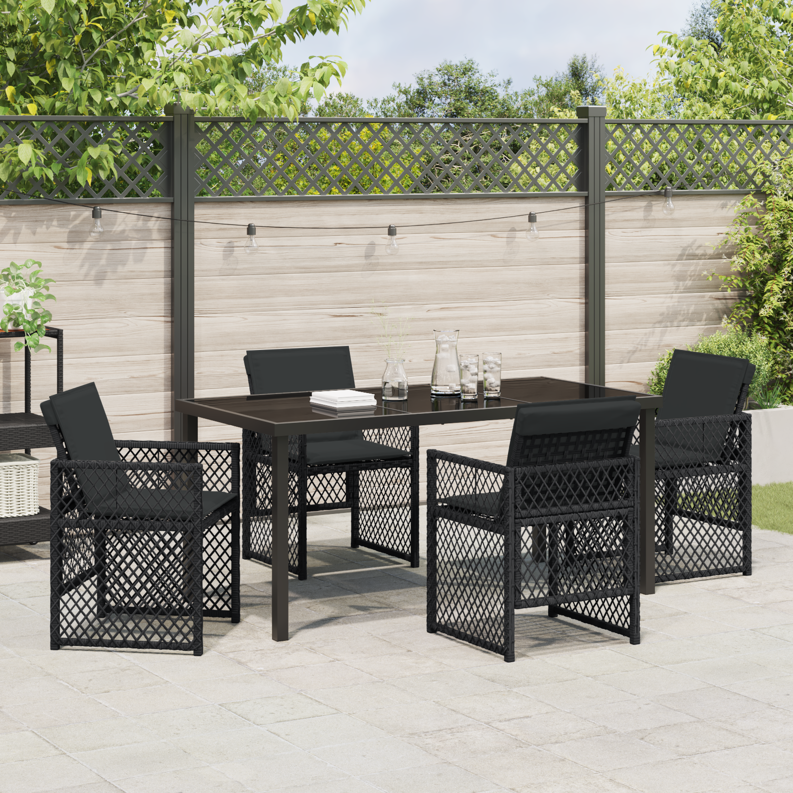 5 Piece Garden Dining Set with Cushions Black Poly Rattan - Image 4