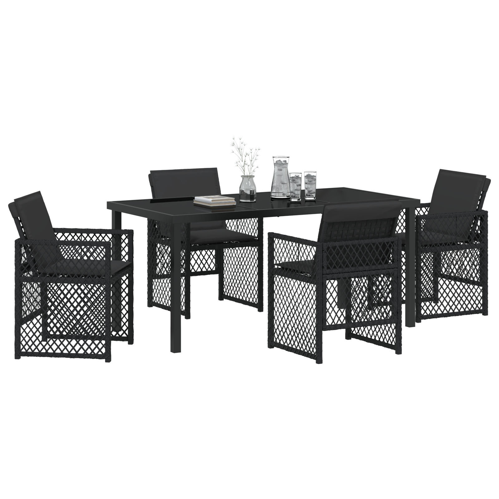 5 Piece Garden Dining Set with Cushions Black Poly Rattan - Image 3