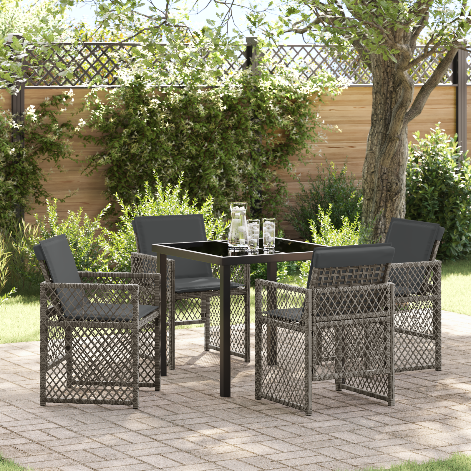 5 Piece Garden Dining Set with Cushions Grey Poly Rattan