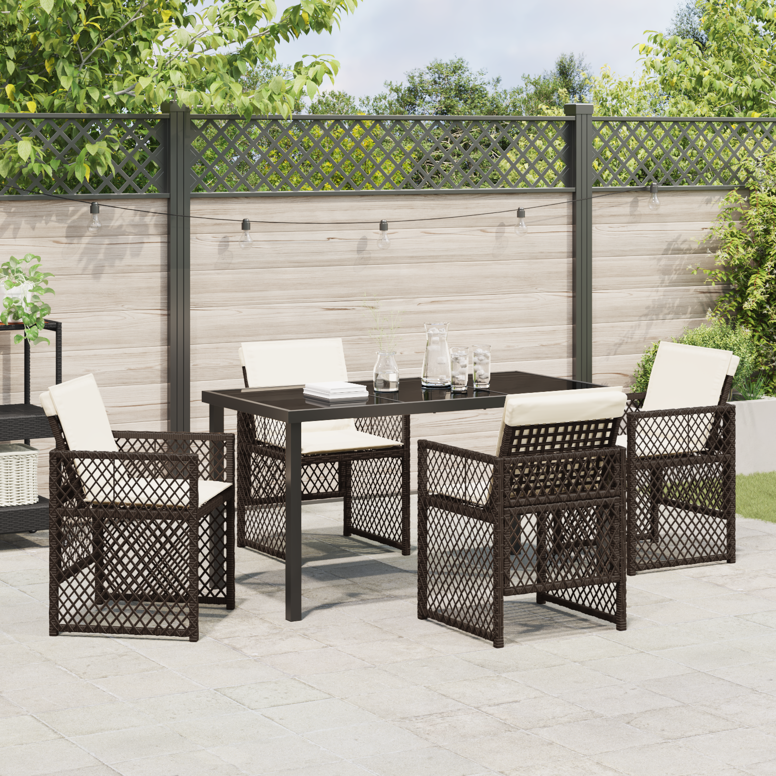 5 Piece Garden Dining Set with Cushions Brown Poly Rattan - Image 4
