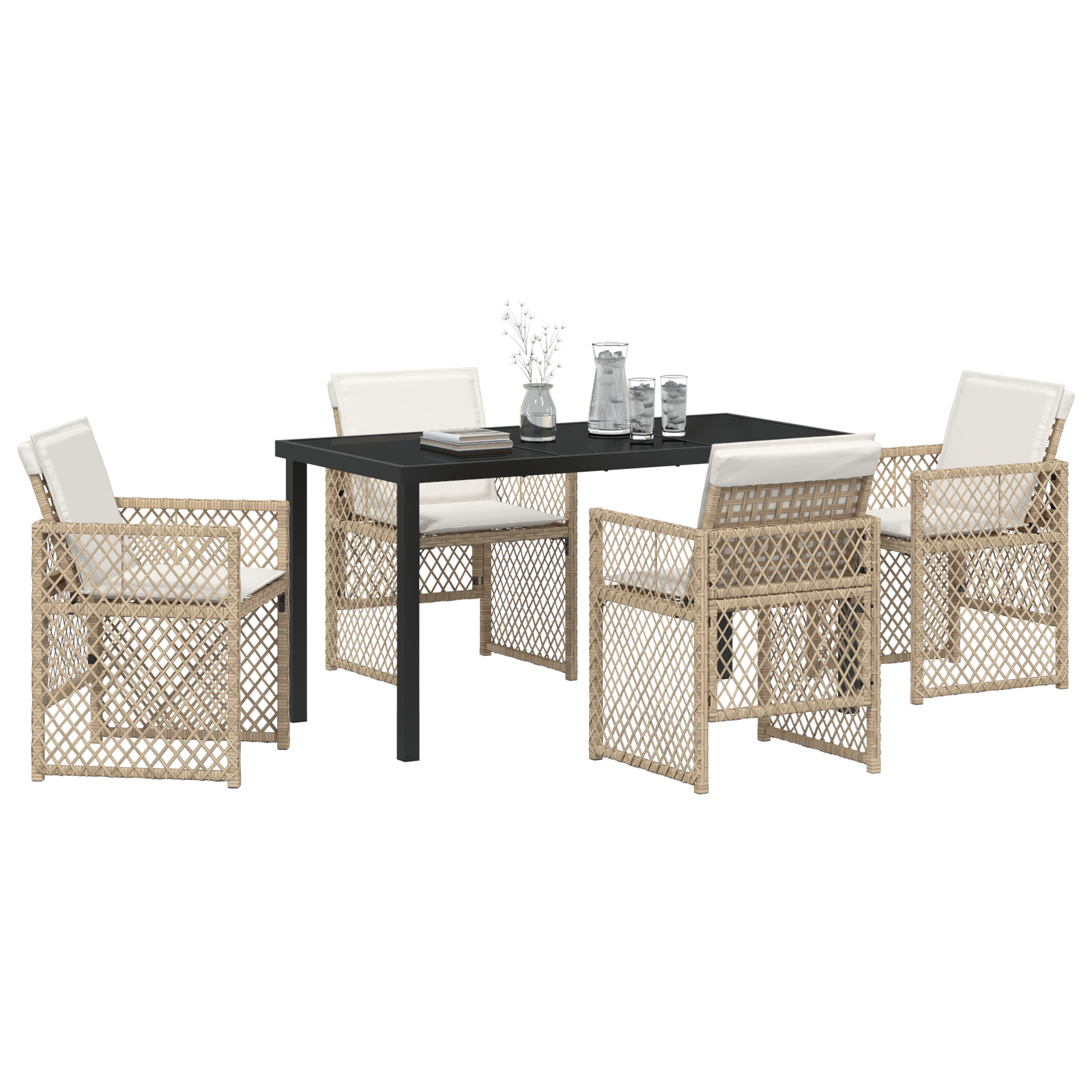 5 Piece Garden Dining Set with Cushions Beige Poly Rattan - Image 3
