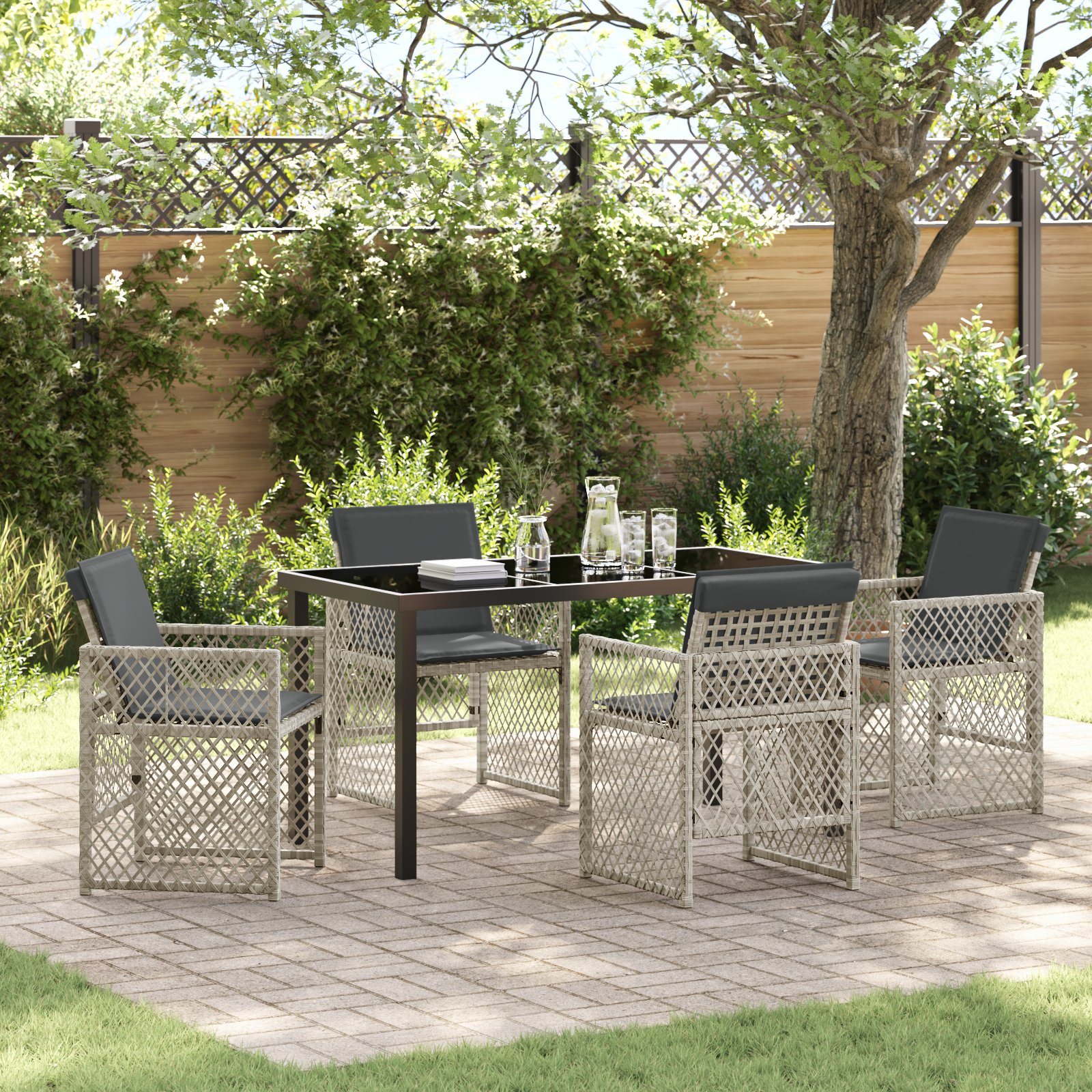5 Piece Garden Dining Set with Cushions Light Grey Poly Rattan