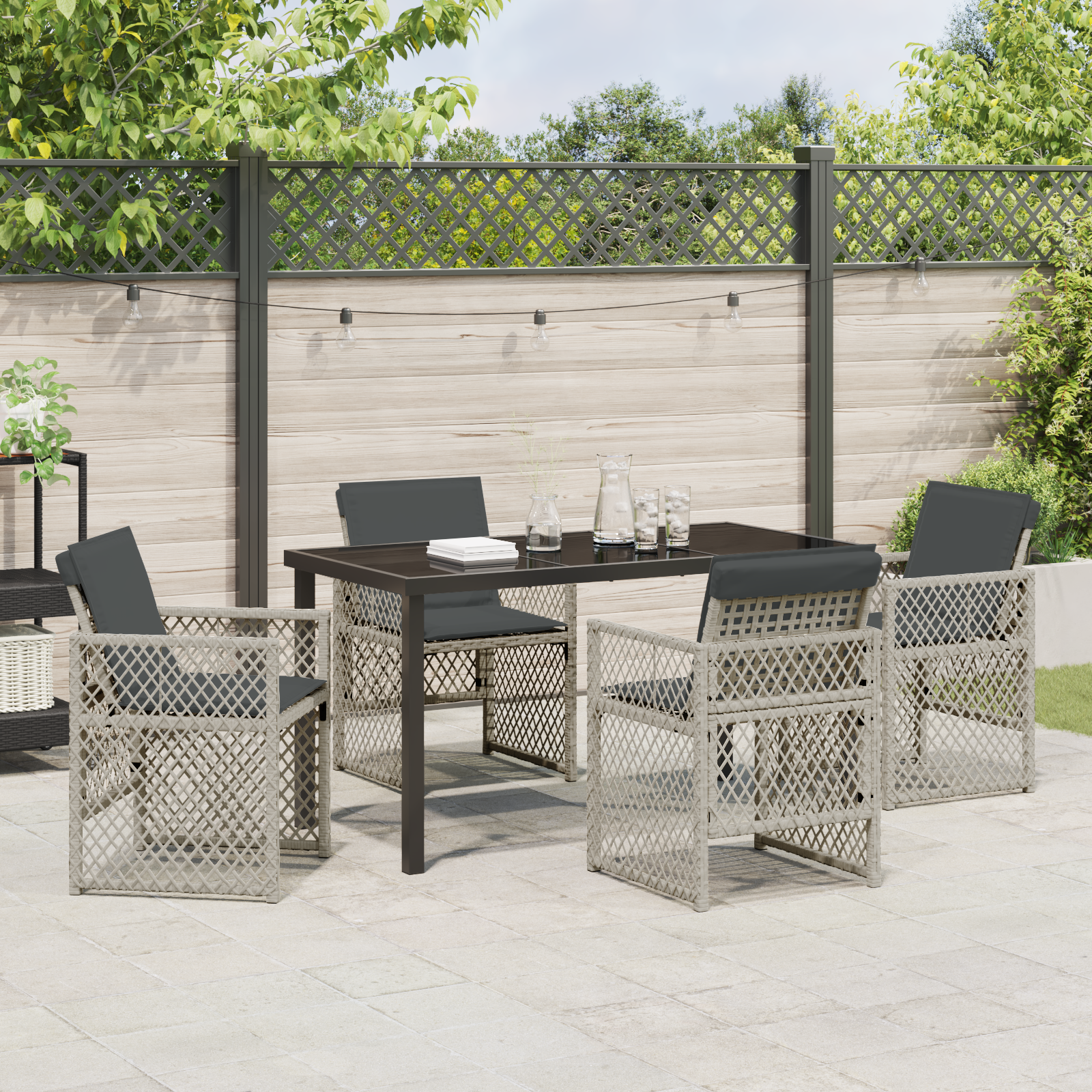 5 Piece Garden Dining Set with Cushions Light Grey Poly Rattan - Image 4