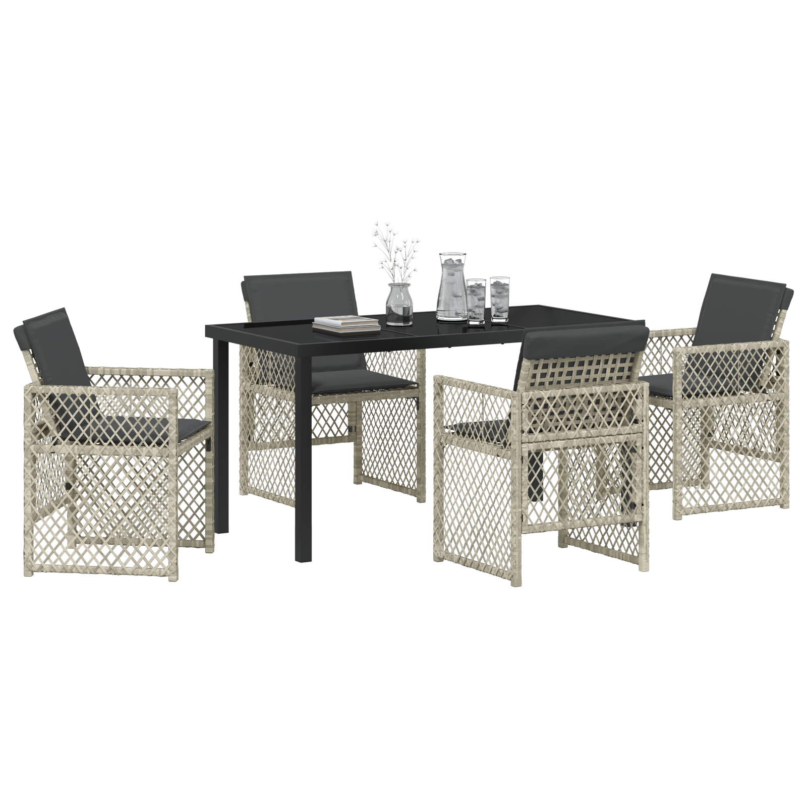 5 Piece Garden Dining Set with Cushions Light Grey Poly Rattan - Image 3