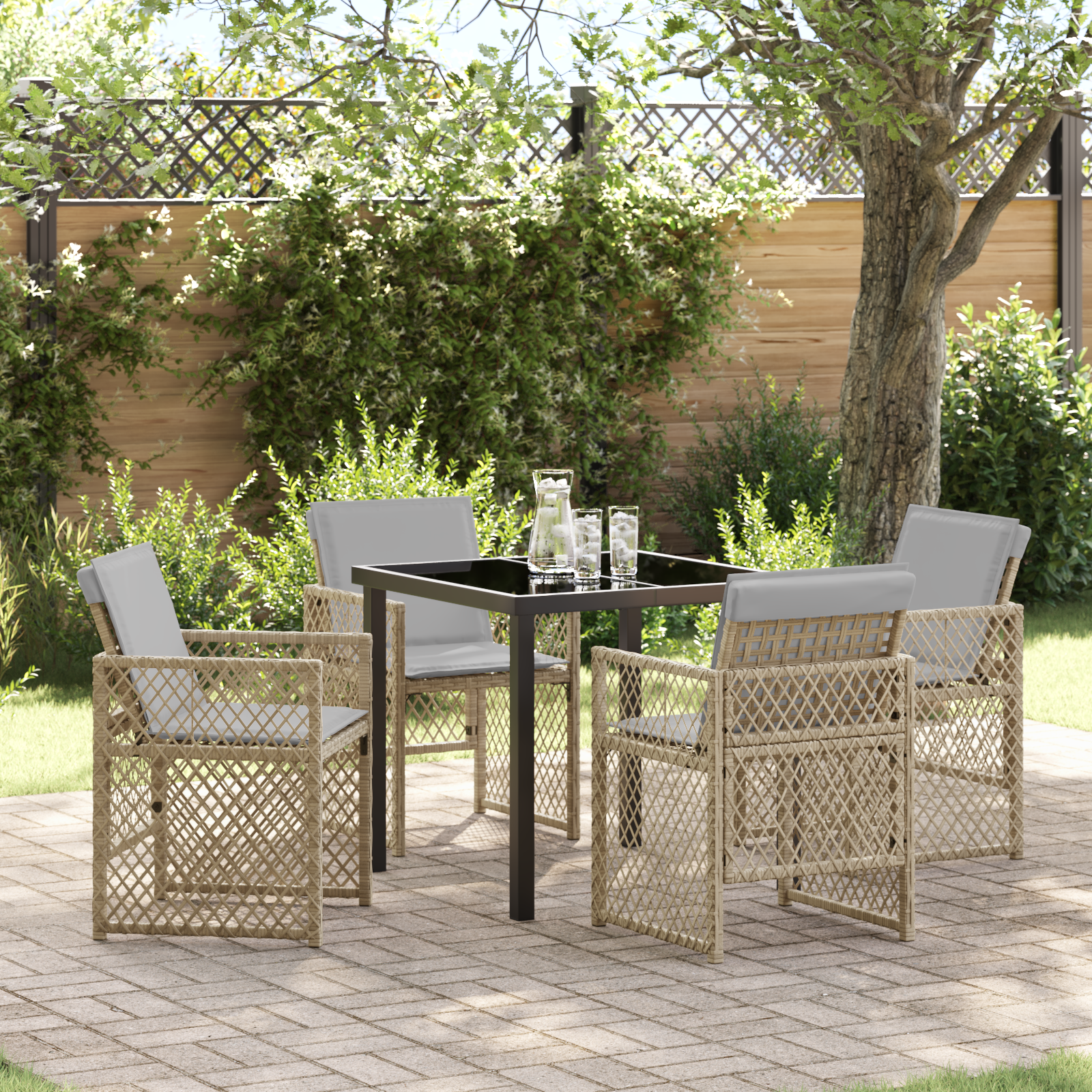 5 Piece Garden Dining Set with Cushions Beige Poly Rattan