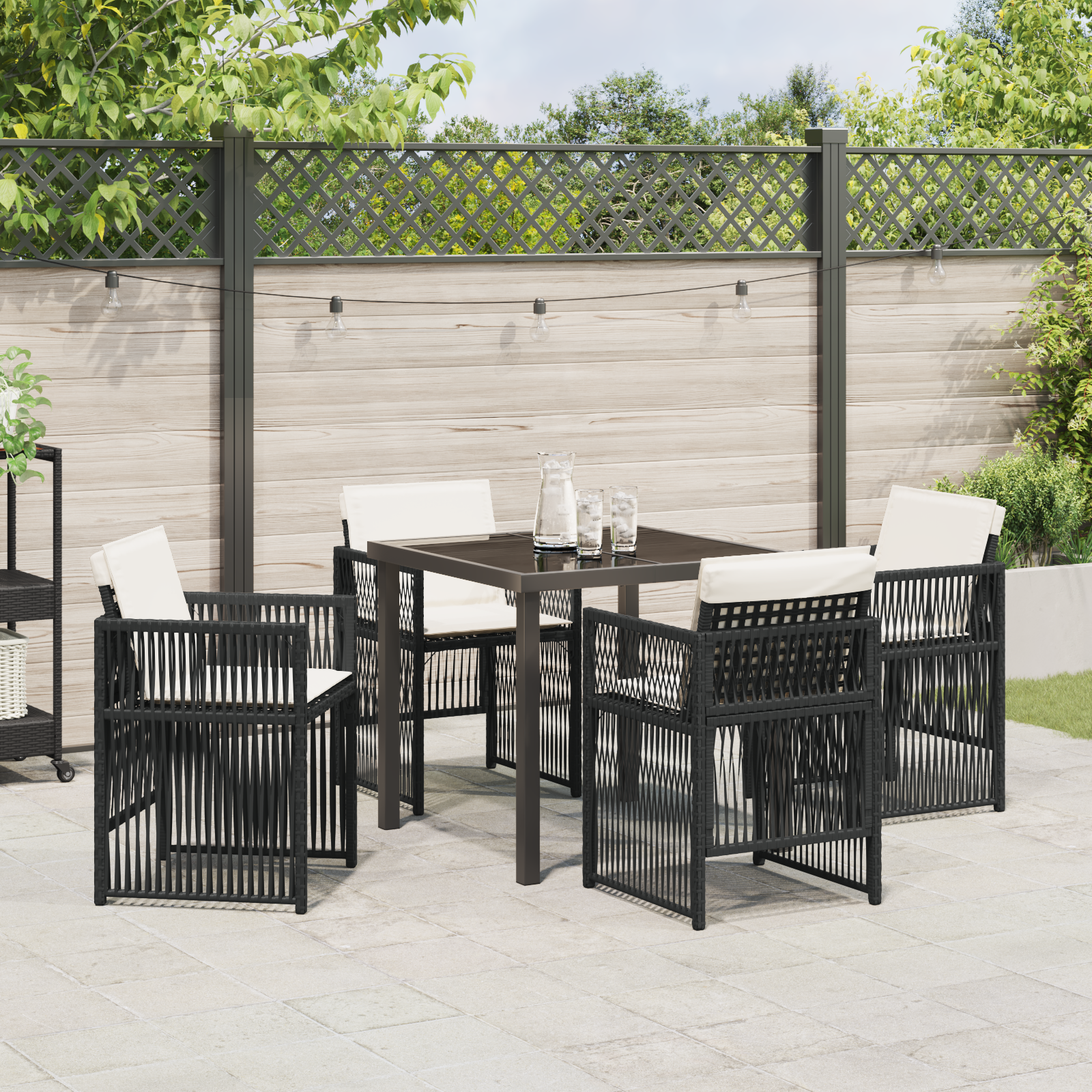 5 Piece Garden Dining Set with Cushions Black Poly Rattan - Image 4