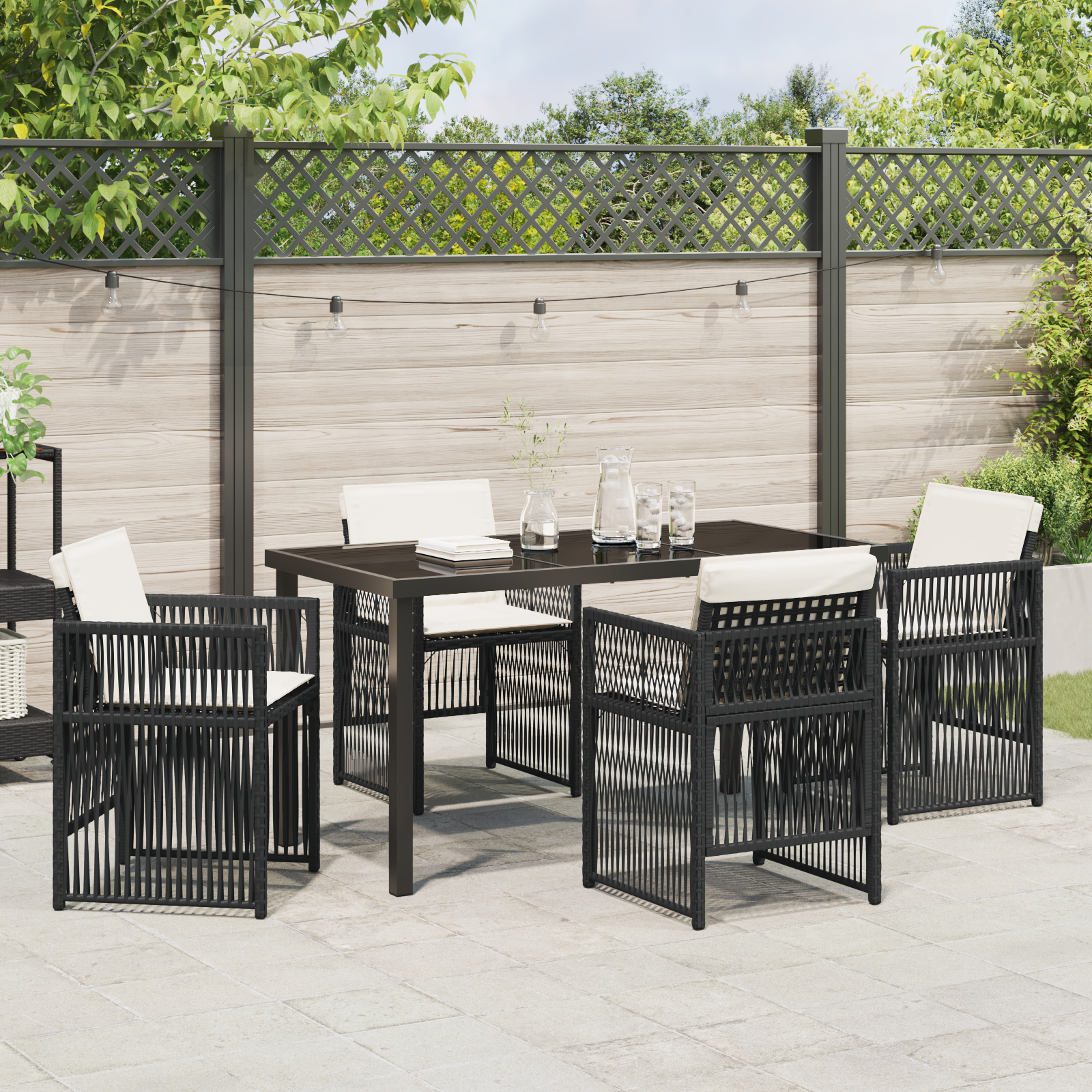 5 Piece Garden Dining Set with Cushions Black Poly Rattan - Image 4