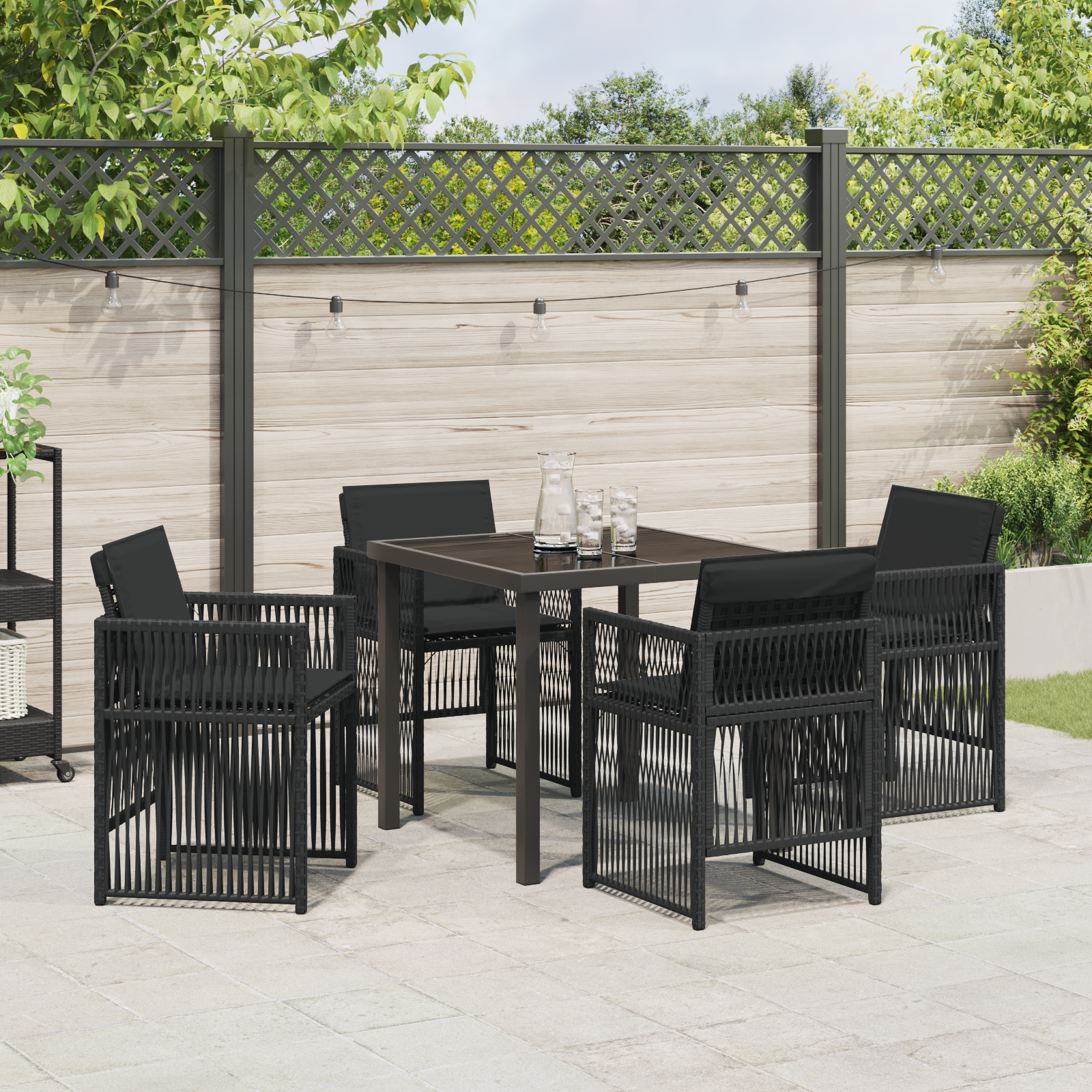 5 Piece Garden Dining Set with Cushions Black Poly Rattan - Image 4