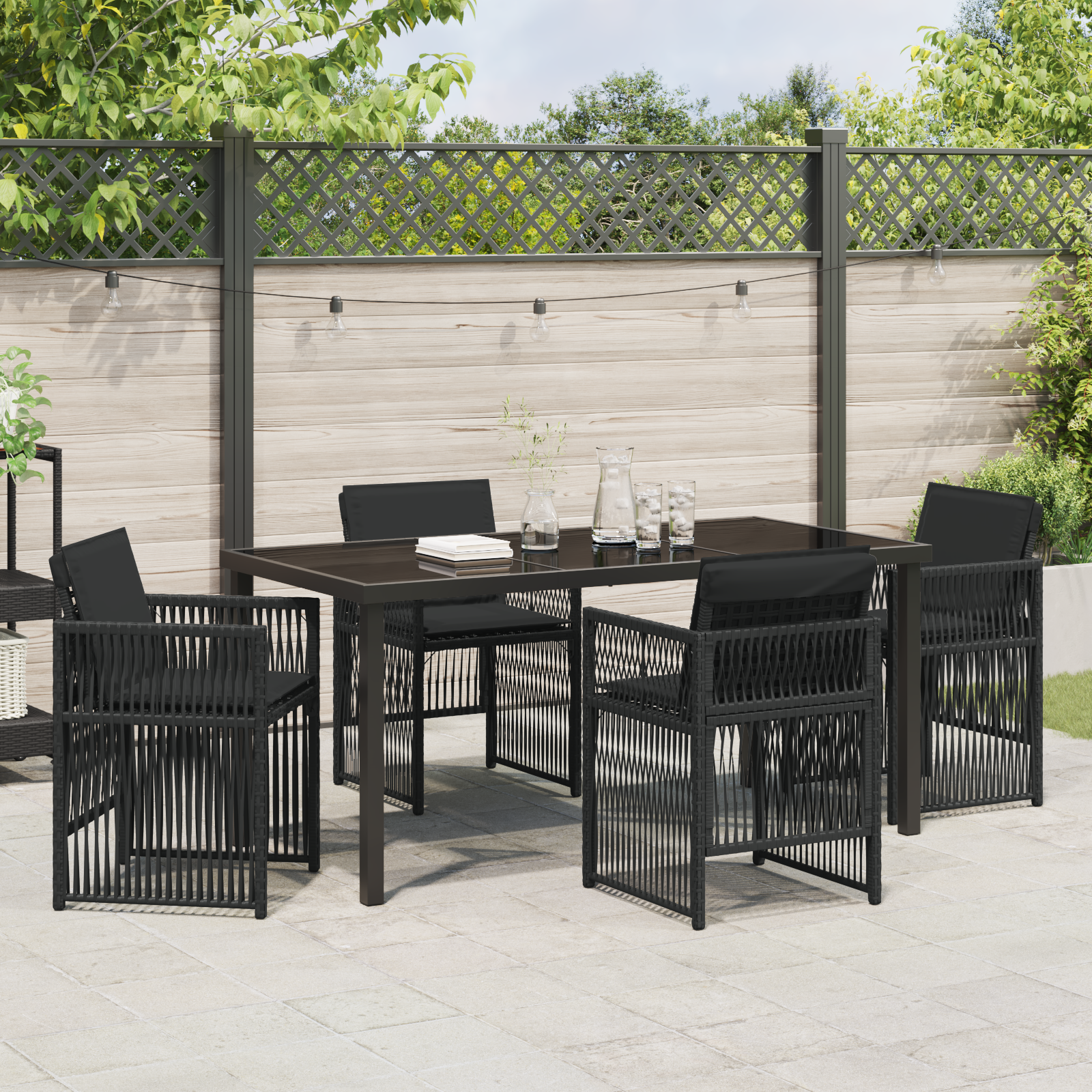 5 Piece Garden Dining Set with Cushions Black Poly Rattan - Image 4