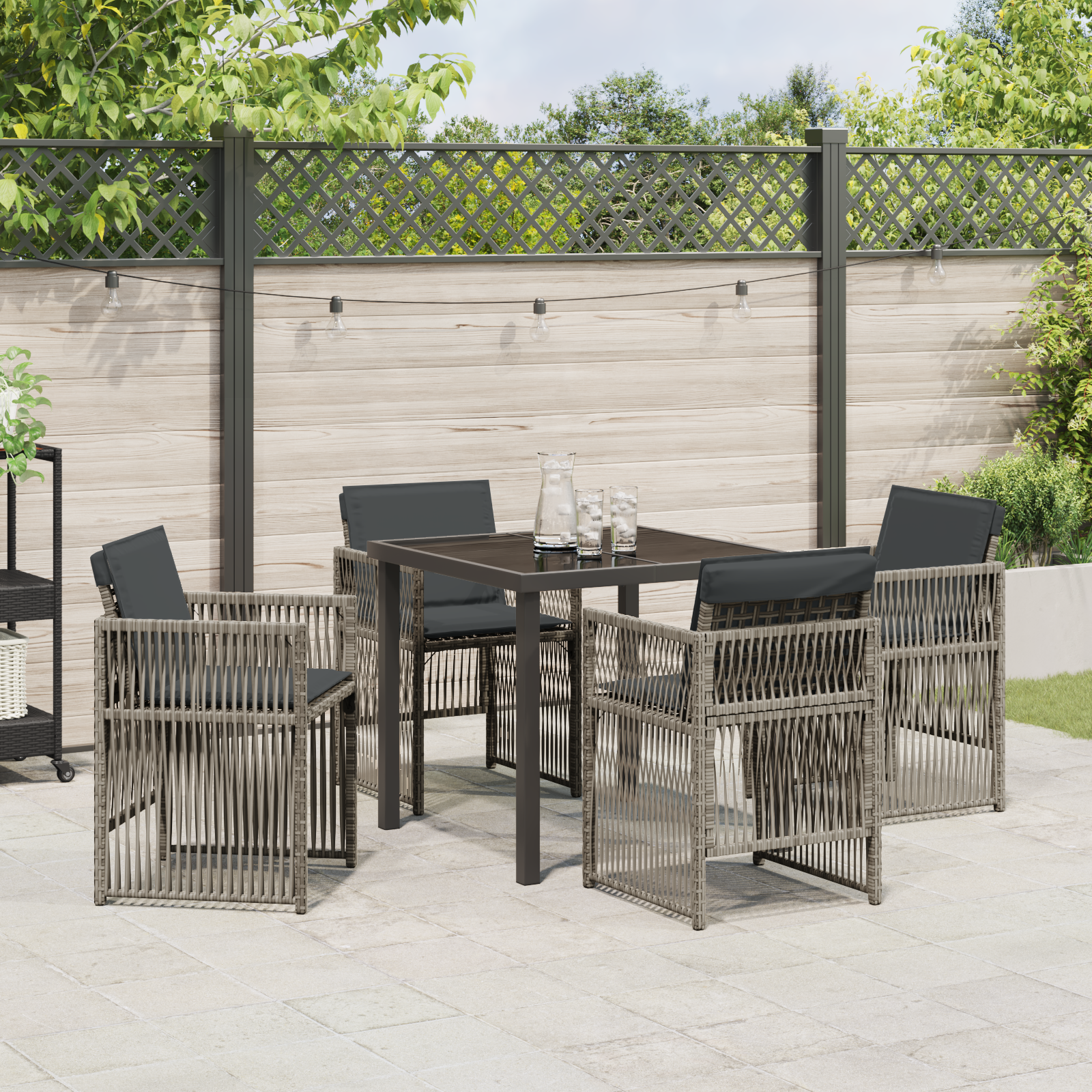 5 Piece Garden Dining Set with Cushions Grey Poly Rattan - Image 4