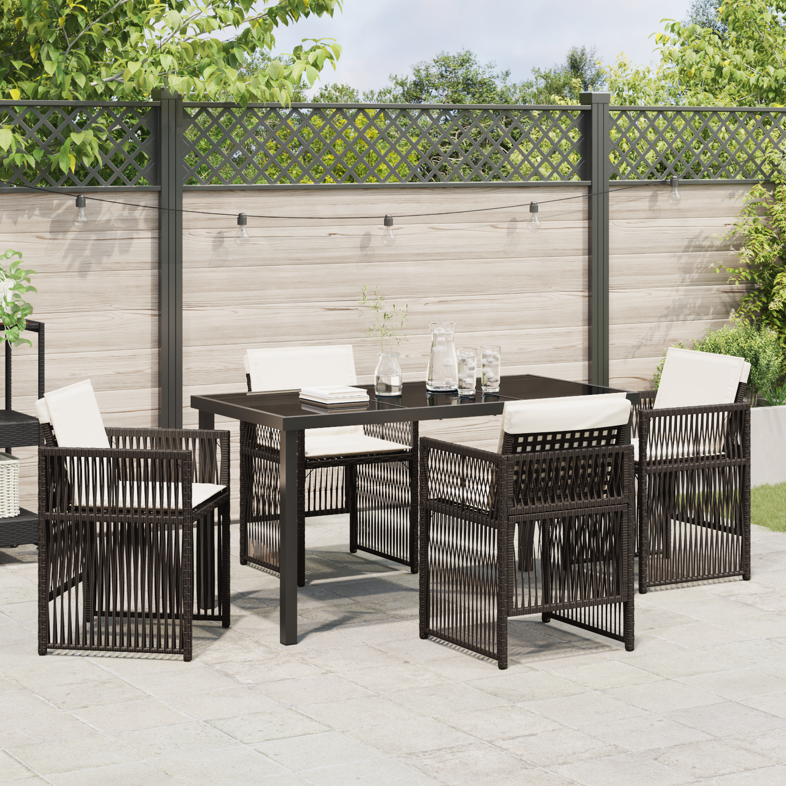 5 Piece Garden Dining Set with Cushions Brown Poly Rattan - Image 4