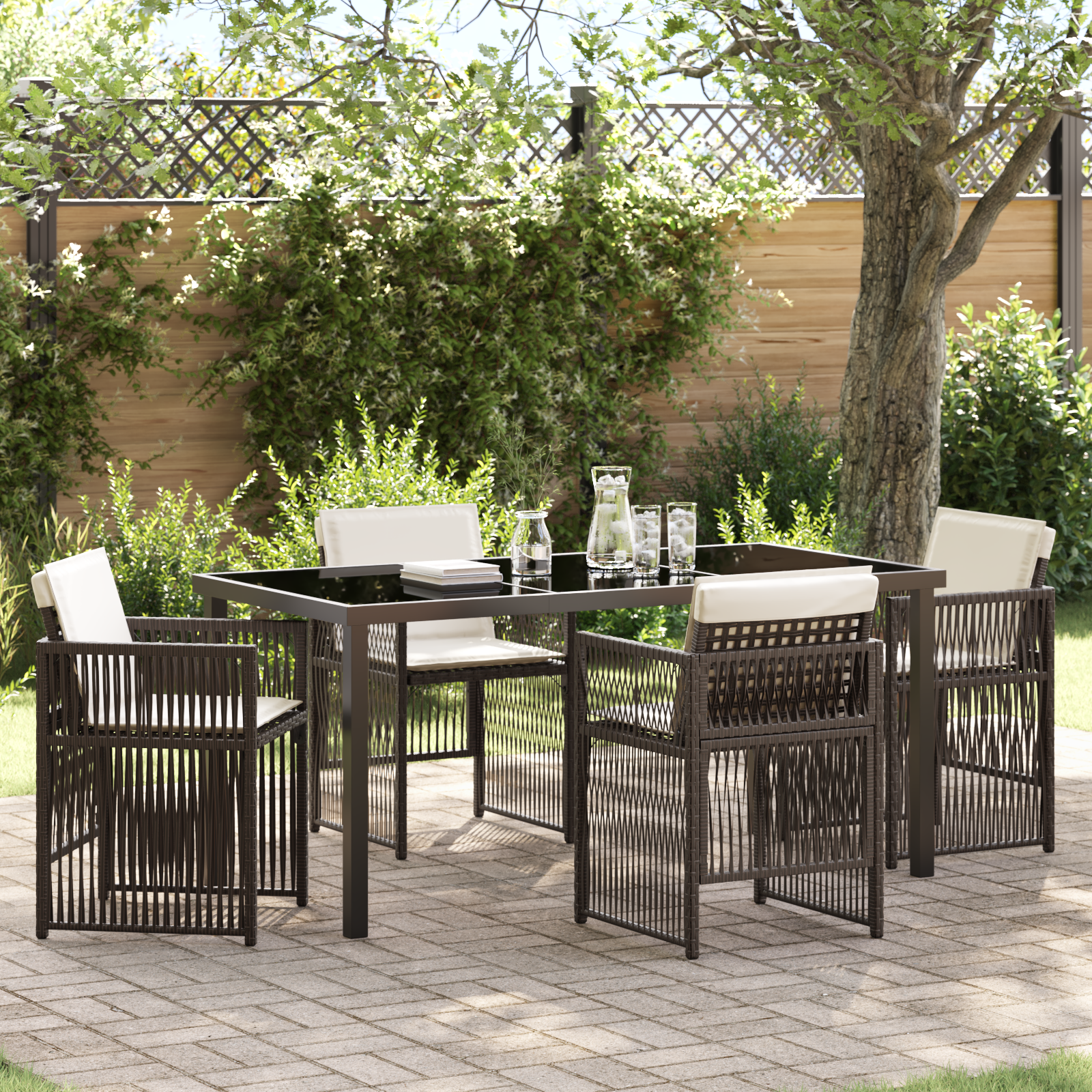 5 Piece Garden Dining Set with Cushions Brown Poly Rattan