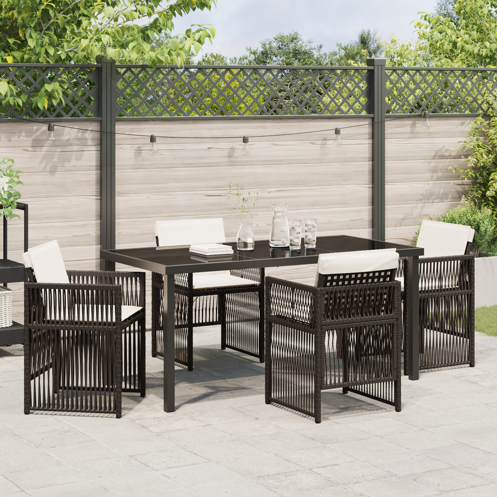 5 Piece Garden Dining Set with Cushions Brown Poly Rattan - Image 4