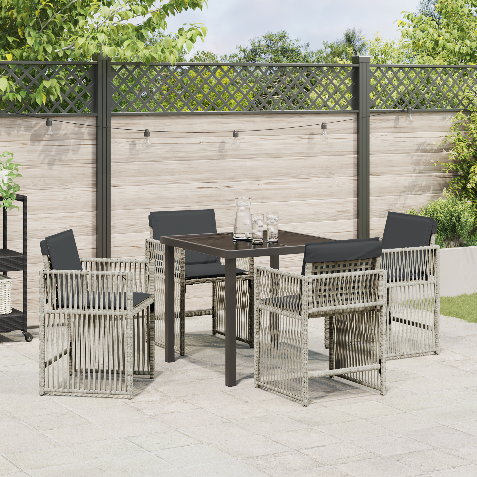 5 Piece Garden Dining Set with Cushions Light Grey Poly Rattan - Image 4