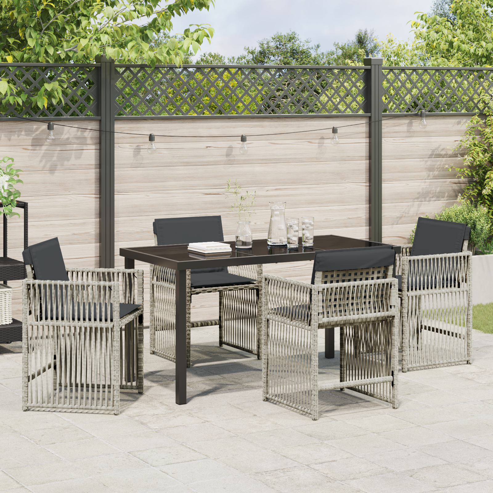 5 Piece Garden Dining Set with Cushions Light Grey Poly Rattan - Image 4