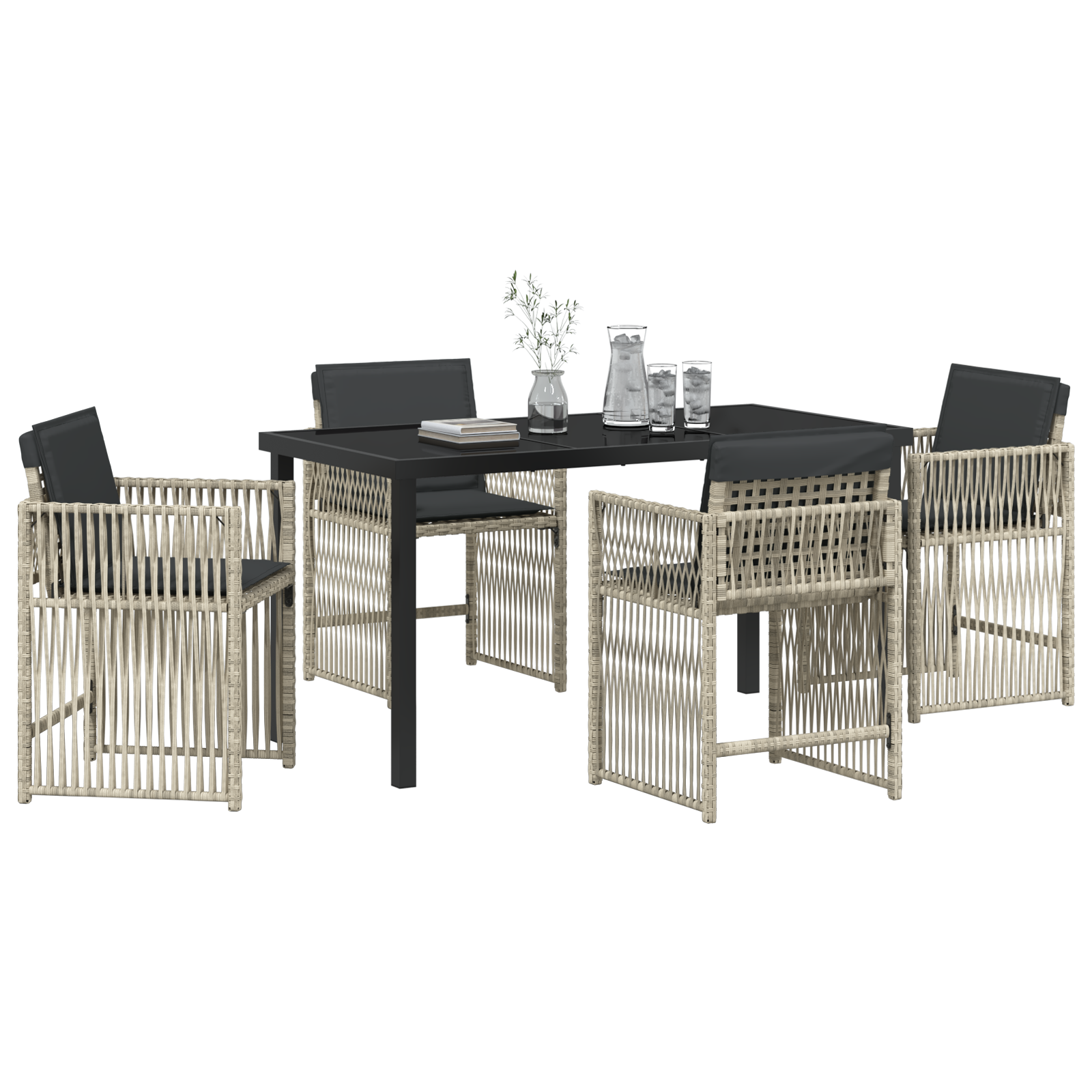 5 Piece Garden Dining Set with Cushions Light Grey Poly Rattan - Image 3