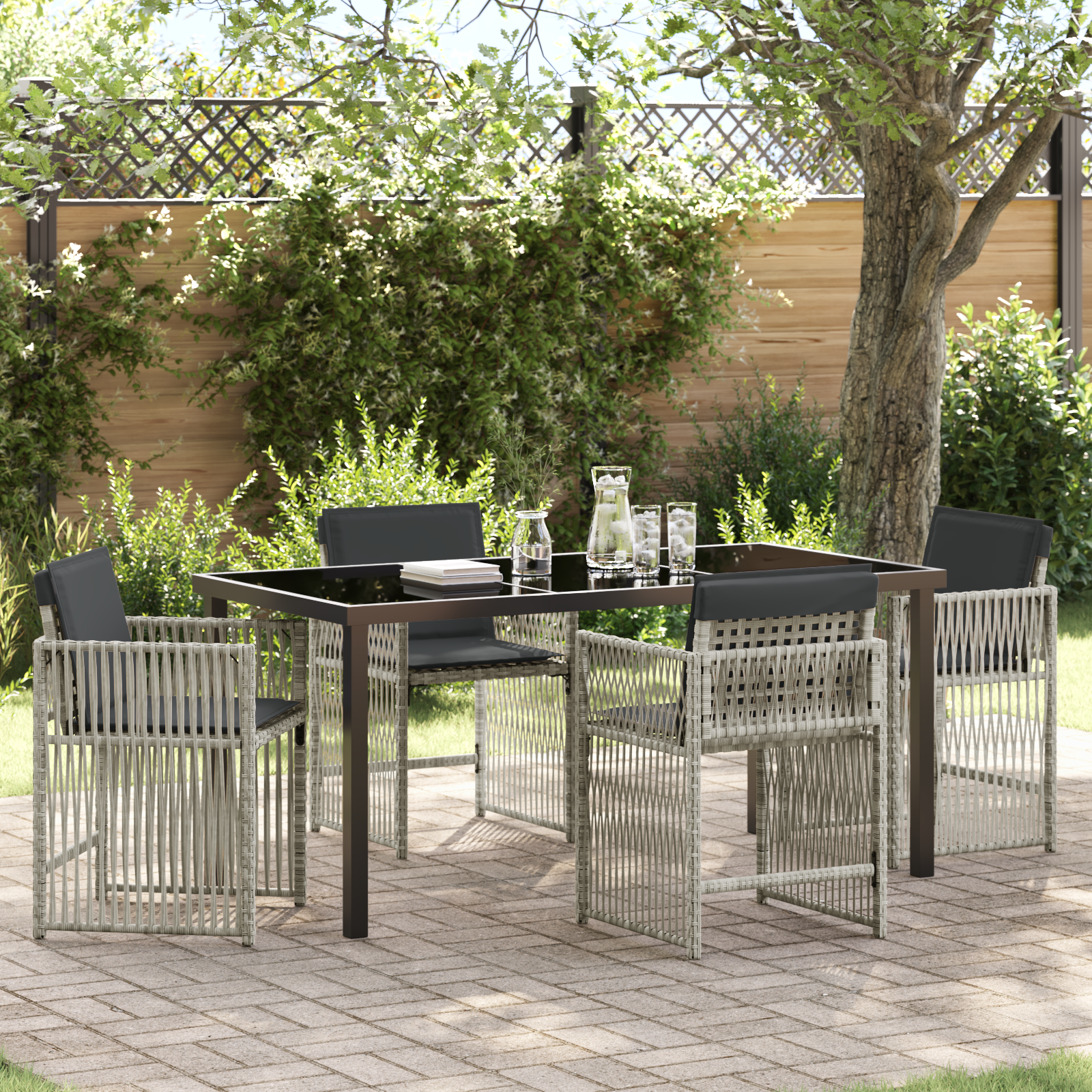 5 Piece Garden Dining Set with Cushions Light Grey Poly Rattan