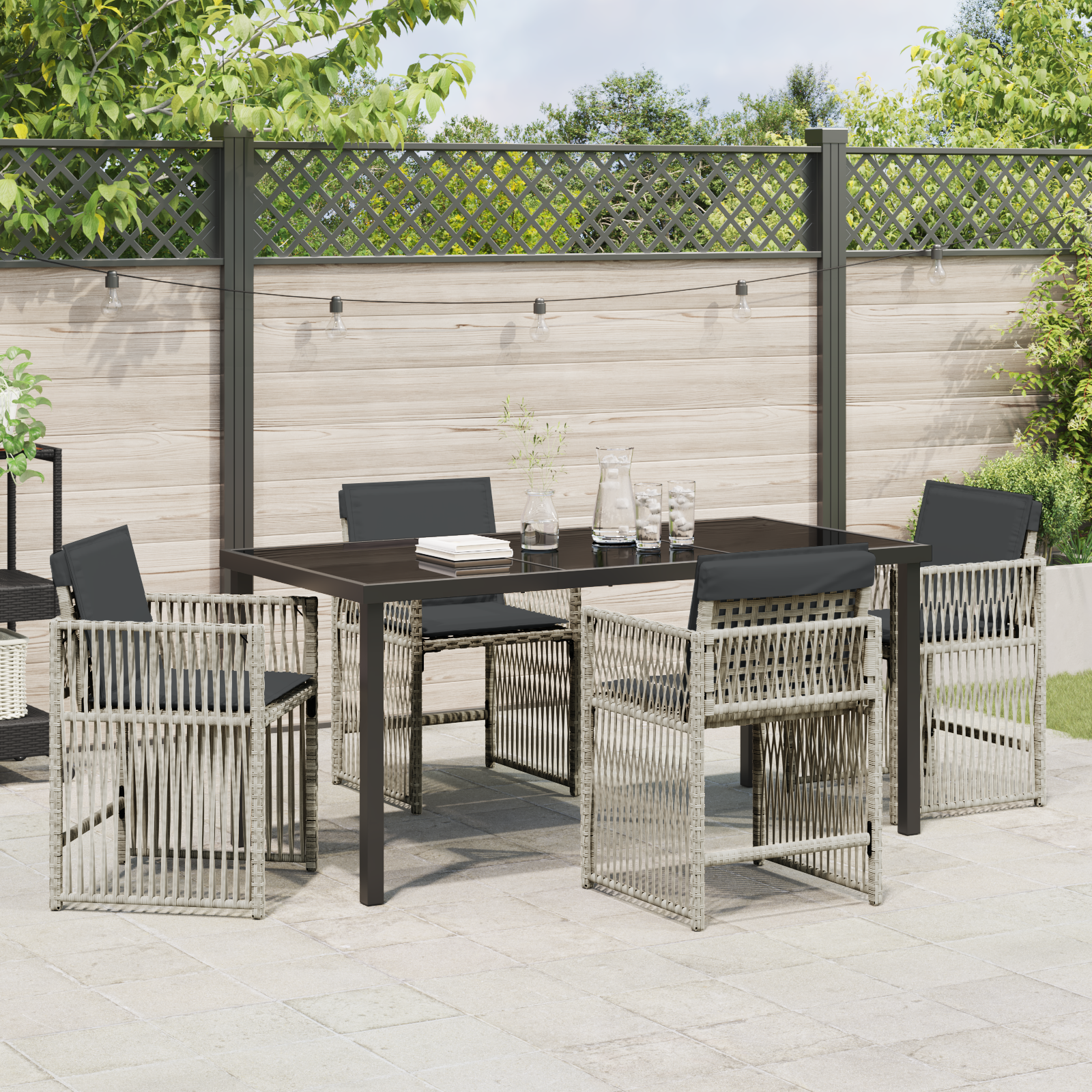 5 Piece Garden Dining Set with Cushions Light Grey Poly Rattan - Image 4