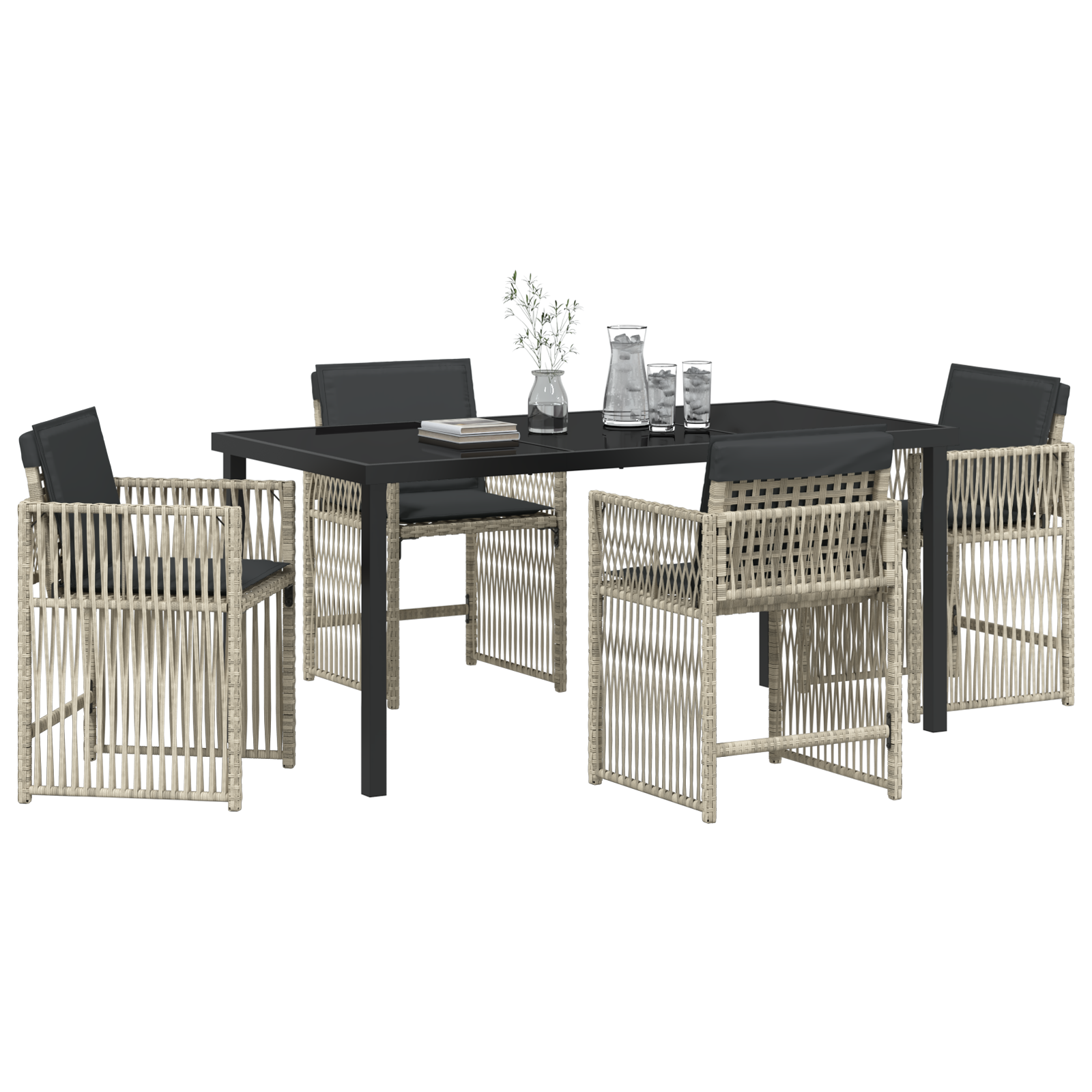 5 Piece Garden Dining Set with Cushions Light Grey Poly Rattan - Image 3