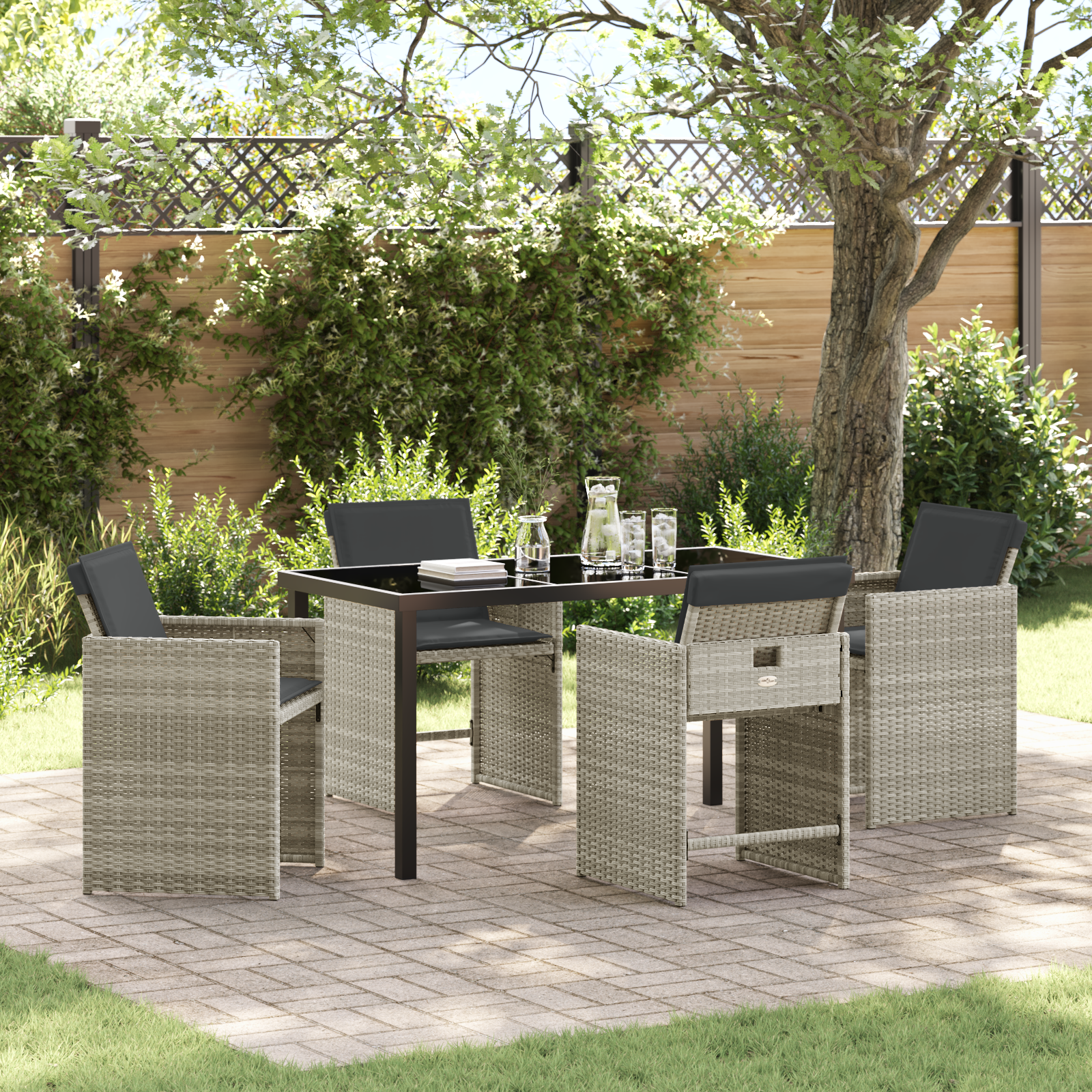 5 Piece Garden Dining Set with Cushions Light Grey Poly Rattan
