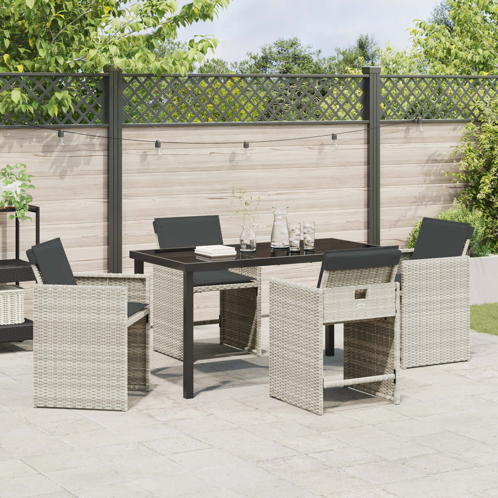 5 Piece Garden Dining Set with Cushions Light Grey Poly Rattan - Image 4